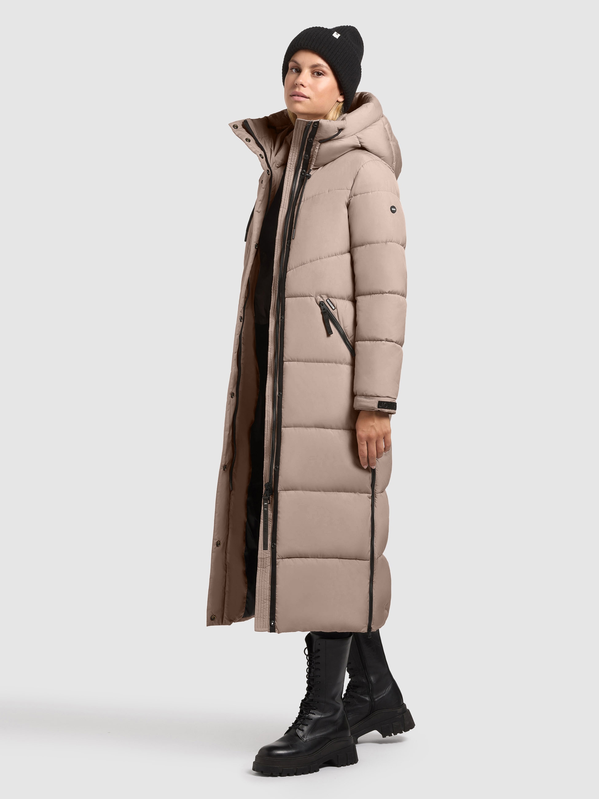 Steppmantel KHUJO "SHIMANTA5", Damen, Gr. XS, greige, 100% Polyester, unifarben, eingesetzt elastischer Bund mit Klettverschluss, Mäntel Steppmantel