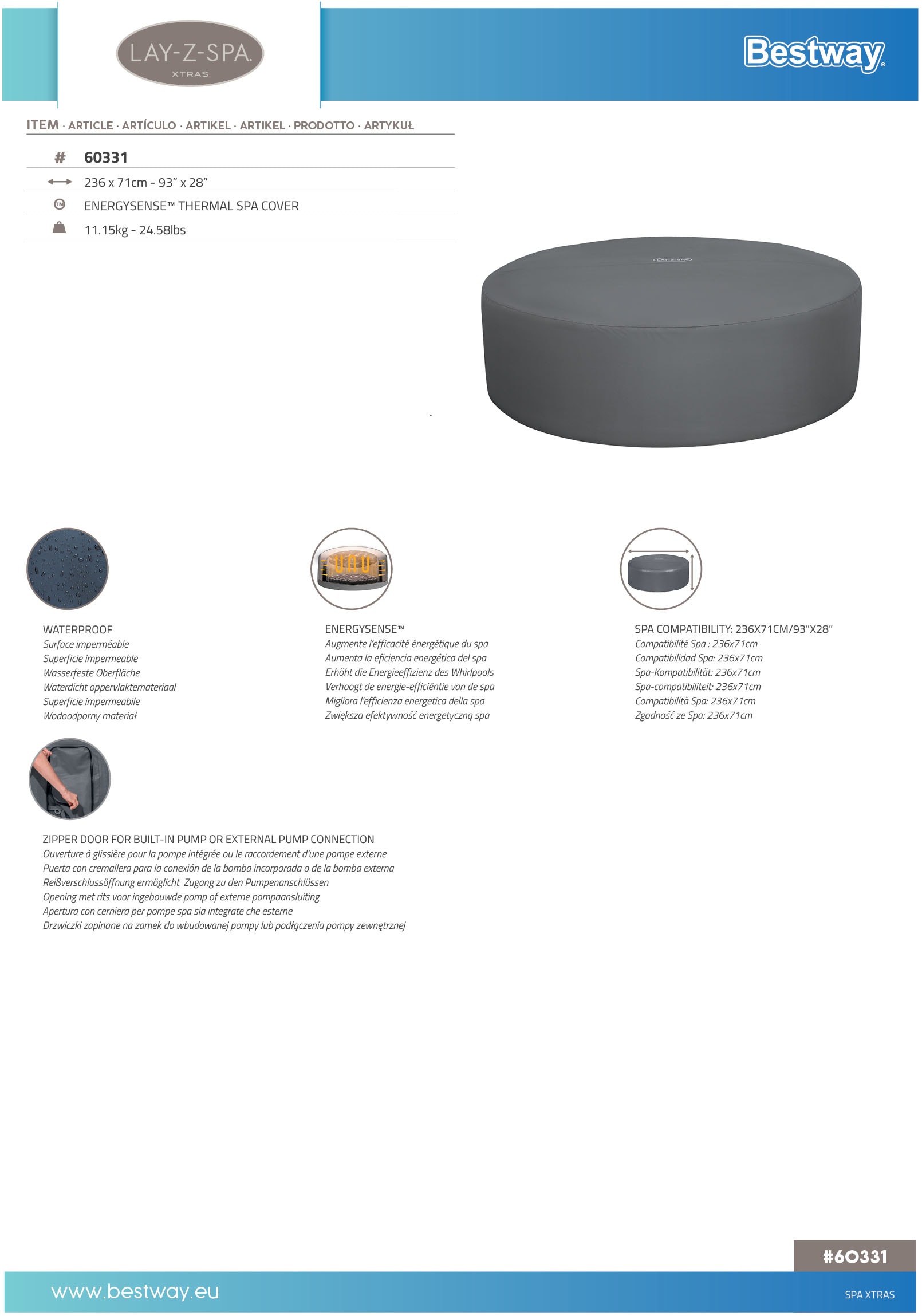 Bestway Schutzplane »LAY-Z-SPA® Xtras EnergySense™ Plus Thermo-Komplettabdeckung«, für runde Whirlpools, ØxH: 236x71 cm