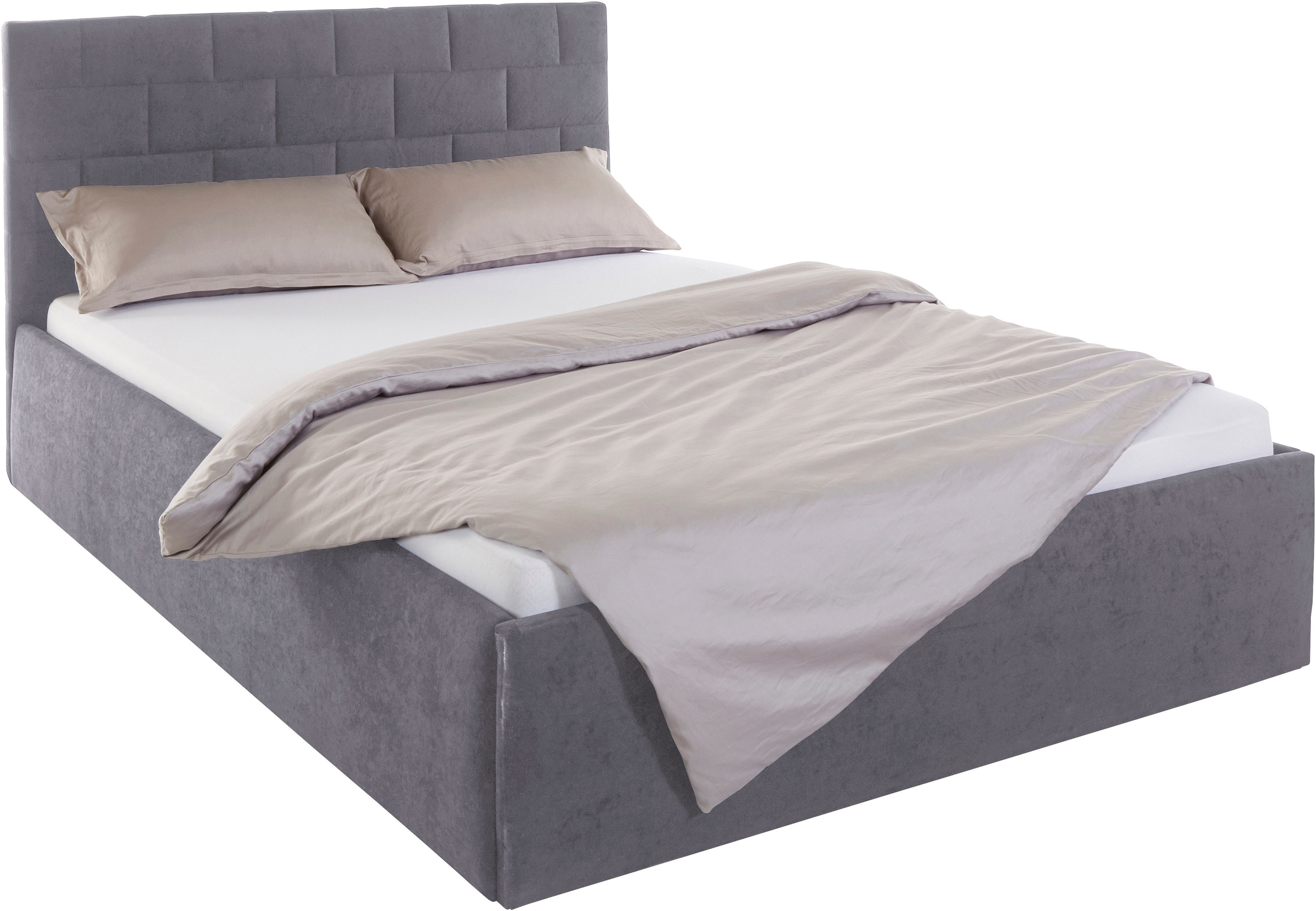 Polsterbett, grau (anthrazit), Liegefläche Länge B: 200cm x 140cm, Höhe Bettseite: 42cm, 7-Zonen-Kaltschaummatratze Gewicht bis: 80 kg H2, Bezug Bett: 100% Polyester;Bonnell-Federkernmatratze: 51% Polypropylen, 39% Polyester, 10% Baumwolle;Kaltschaummatra