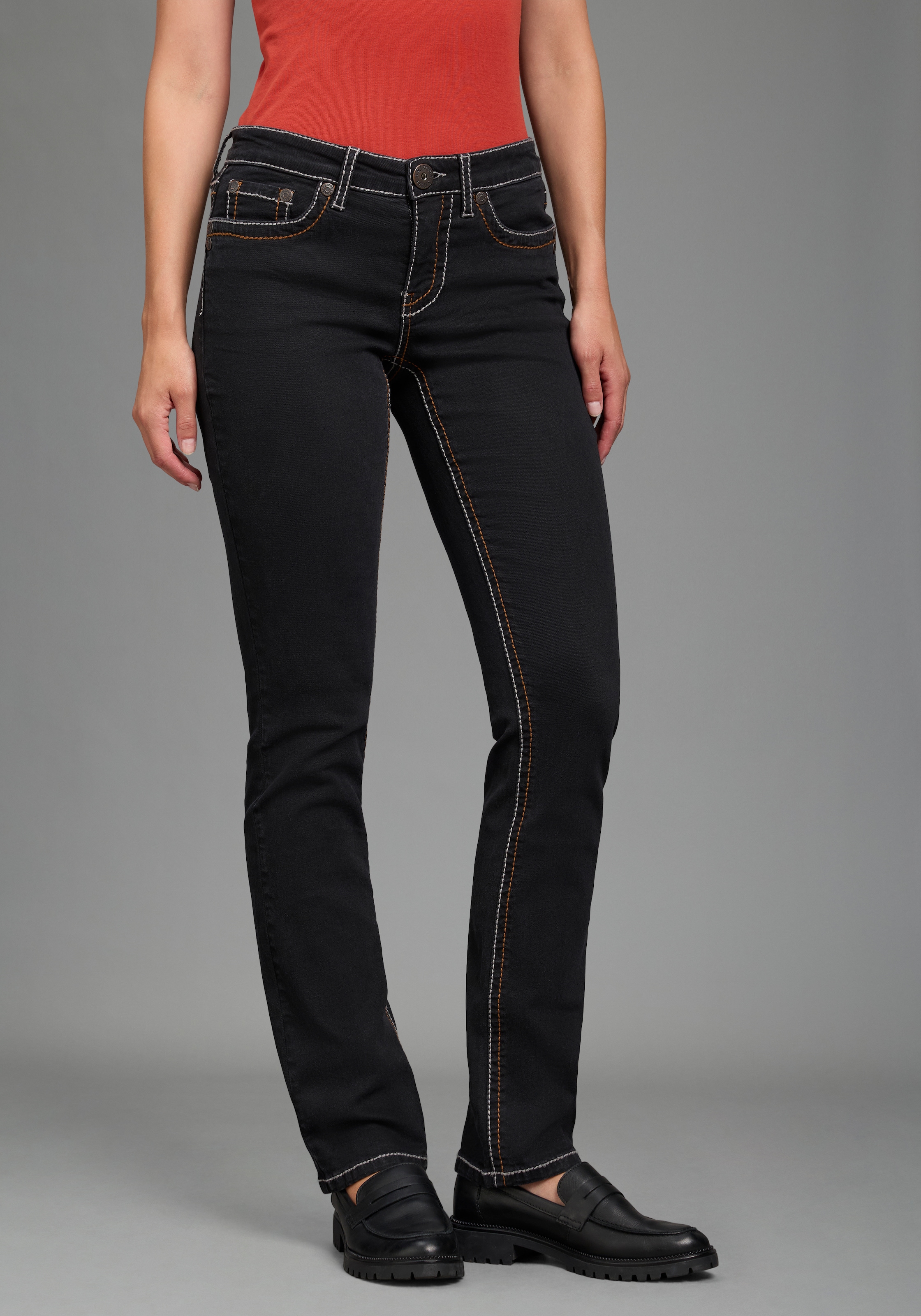 Arizona Gerade Jeans "Kontrastnähte" niedrige Leibhöhe, in 5-Pocket-Form, Used-Look-Waschung