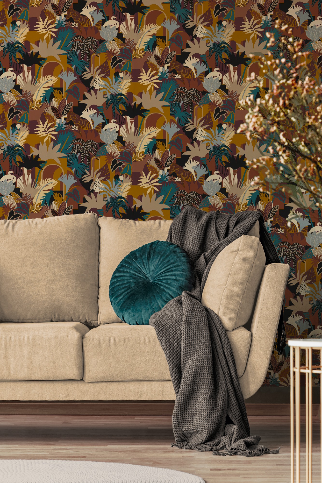 A.S. Création Vliestapete »Antigua Retrotapete Artdeco«, matt-gemustert-neutral, Dschungeltapete Floral mit Tieren Tapeten Wohnzimmer Schlafzimmer Flur