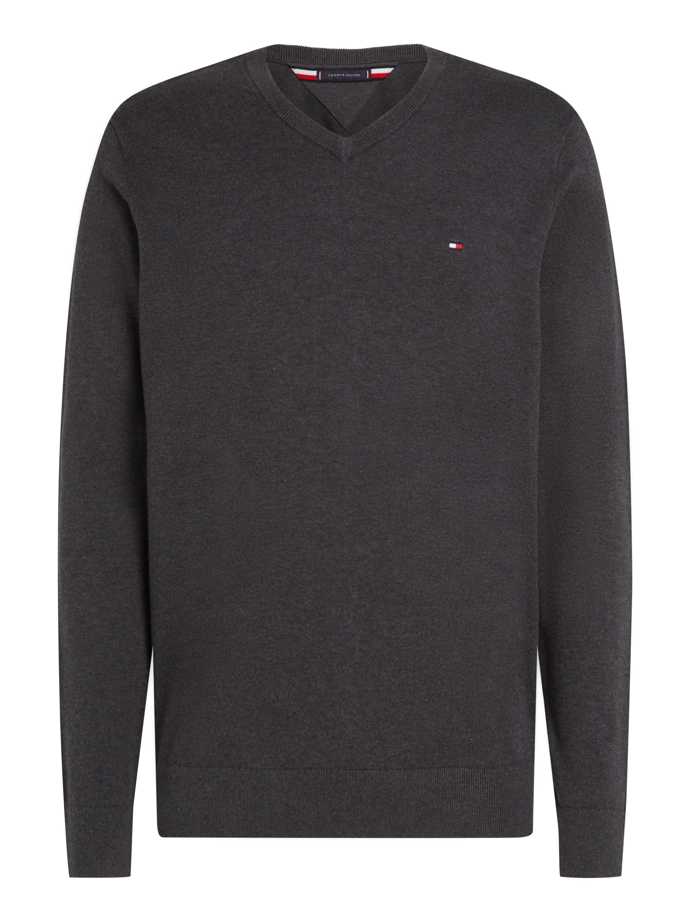 Tommy Hilfiger Strickpullover »ESSENTIAL COTTON V NECK mit V-Ausschnitt und Stickerei«, unifarben, casual, regular fit, Baumwolle, V-Ausschnitt