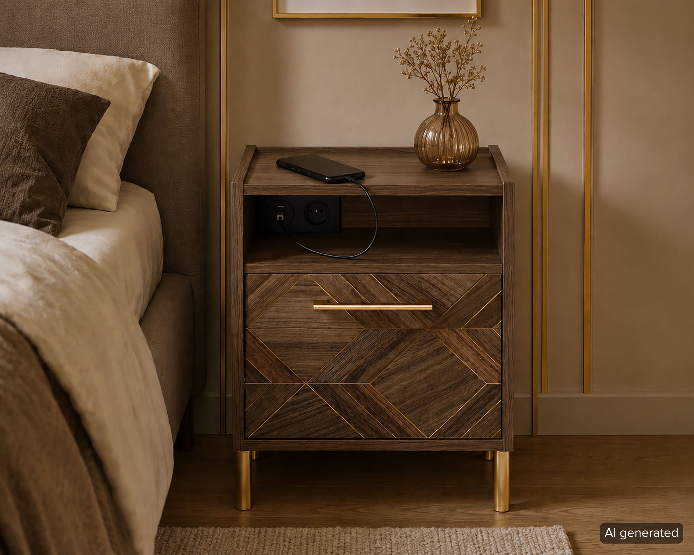 Schildmeyer Nachtschrank »Glenn, mit smarter Ladestation & Steckdose, Made in Germany« 1 Stk. tlg. Nussbaum Art-Déco Design mit eleganten Goldakzenten, Made in Germany