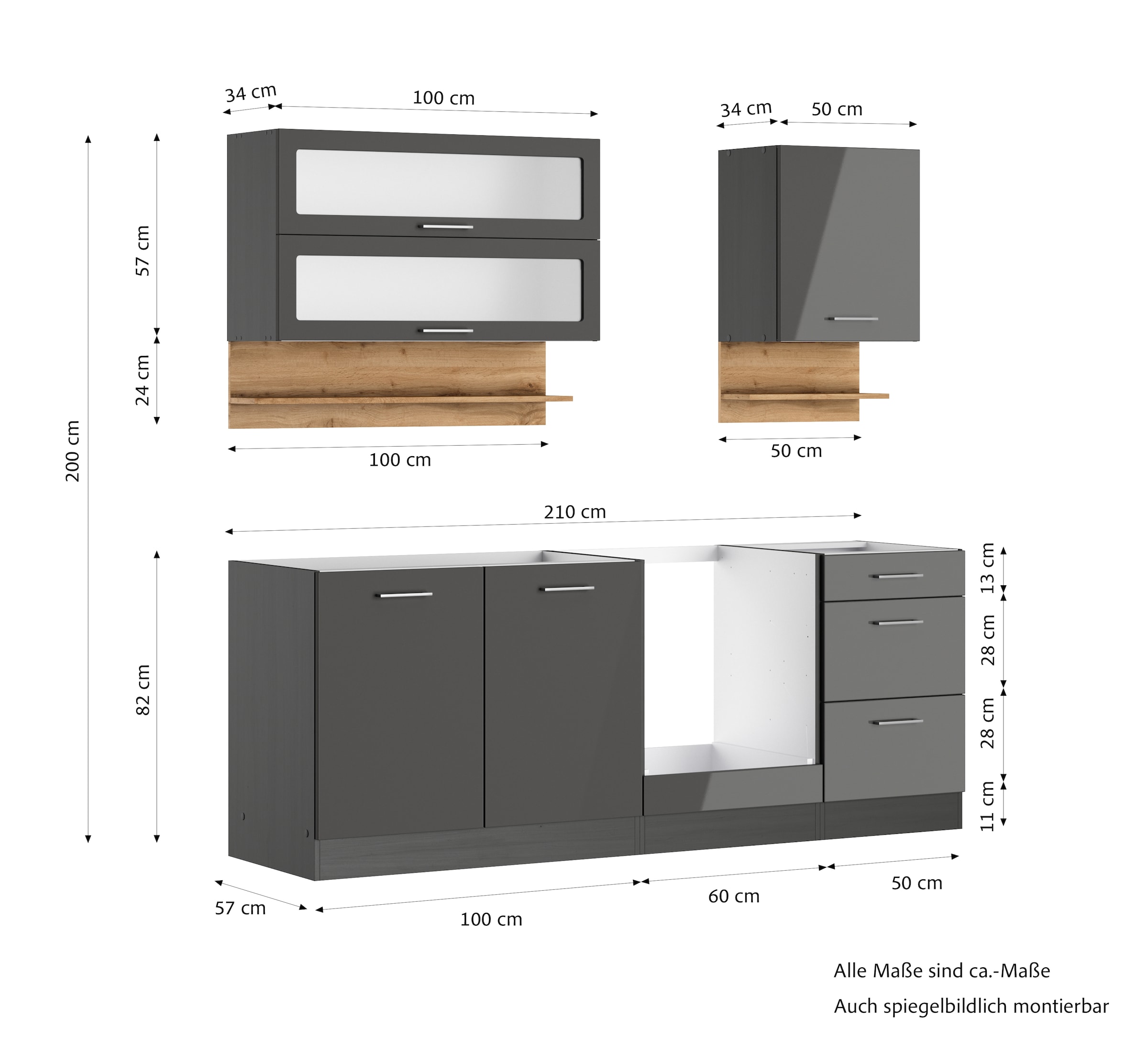 KOCHSTATION Küchenzeile »KS-Milan«, 210 cm breit, robuste Metallauszüge, viel Stauraum