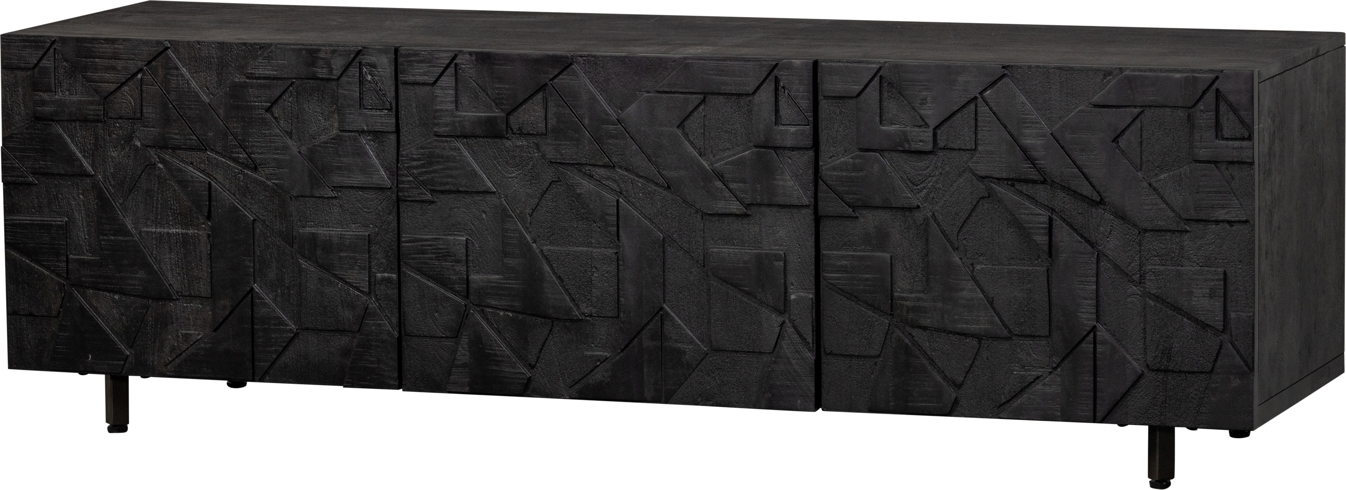 WOOOD Lowboard "Counter Mangoholz mit Druckmechanismus und Kabelöffnung, 160x45x50 cm" Grafisches Holzschnitzerei-Türdekor, Tragkraft Deckplatte 35 kg