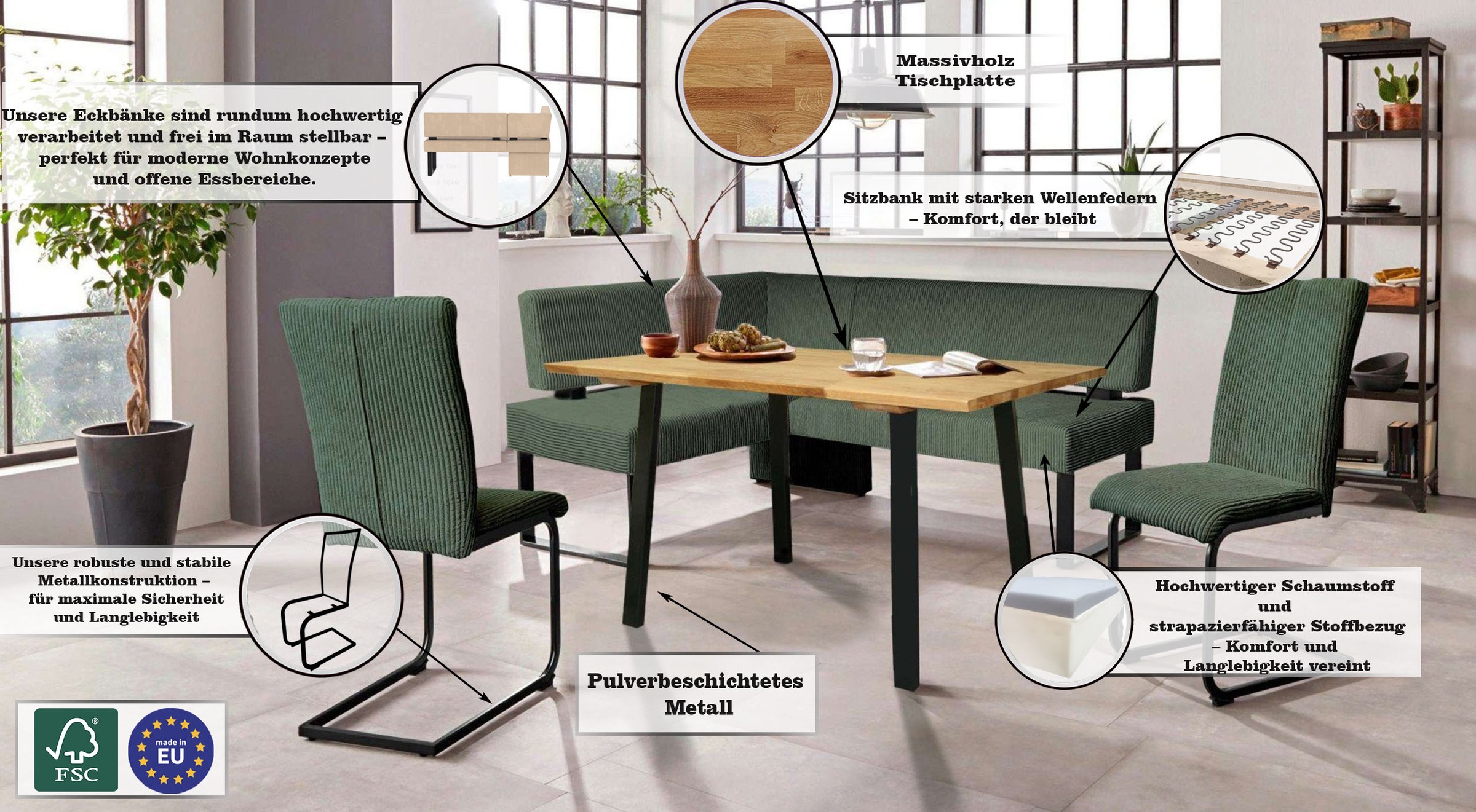 Eckbank OTTO HOME "Oliver mit Metallgestell, Küchenbank", grün (dunkelgrün (castello 8641), schwarz), B:180cm H:89cm T:140cm, Holzwerkstoff, Massivholz, Polyester, Sitzbänke, Eckbank, verschiedene Bezüge Cord Esszimmerbank OTTOs Choice 2