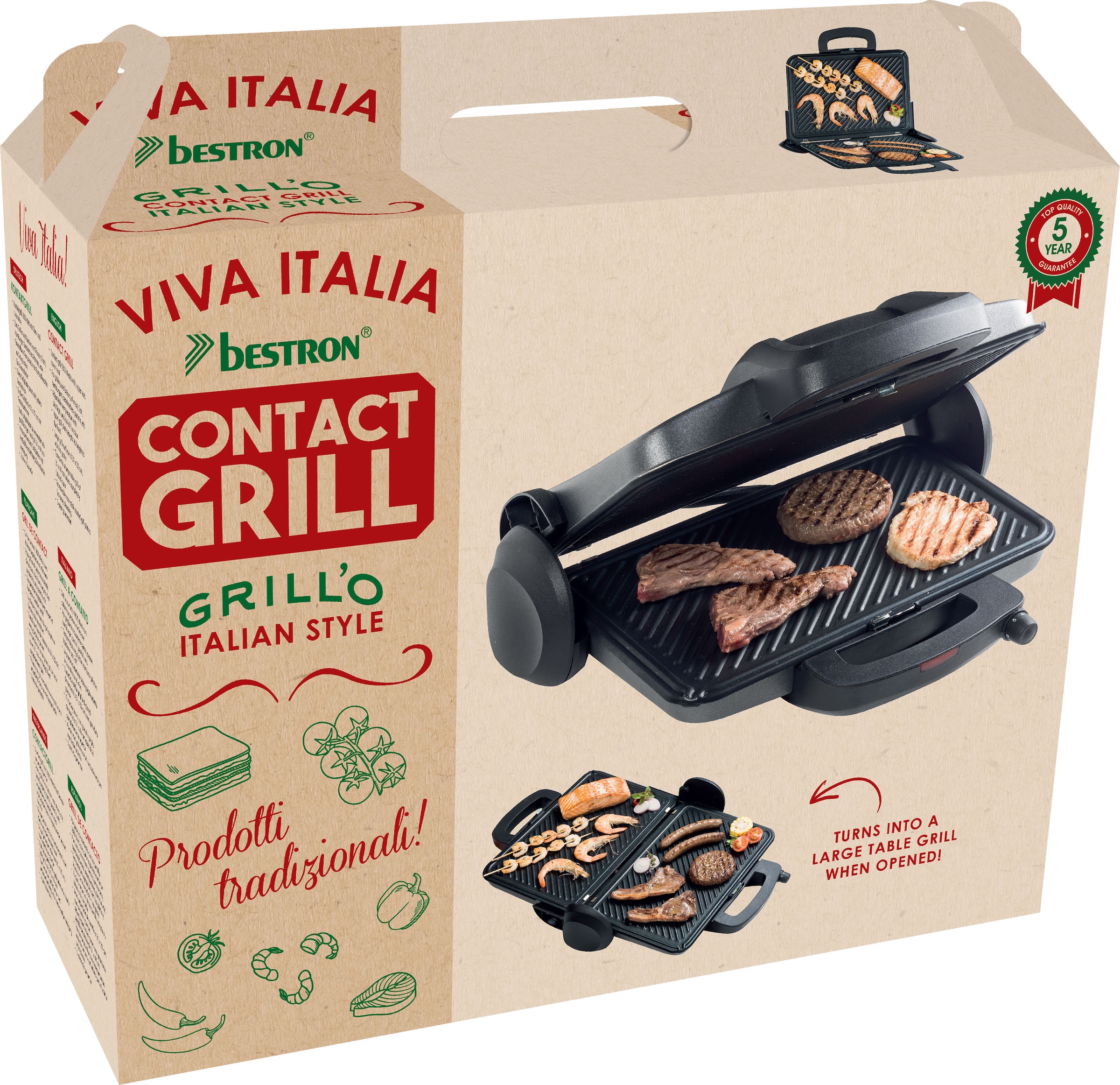 bestron Kontaktgrill »ACG380 Viva Italia«, 1800 W, aufklappbar mit Ober-und Unterhitze, Schwarz