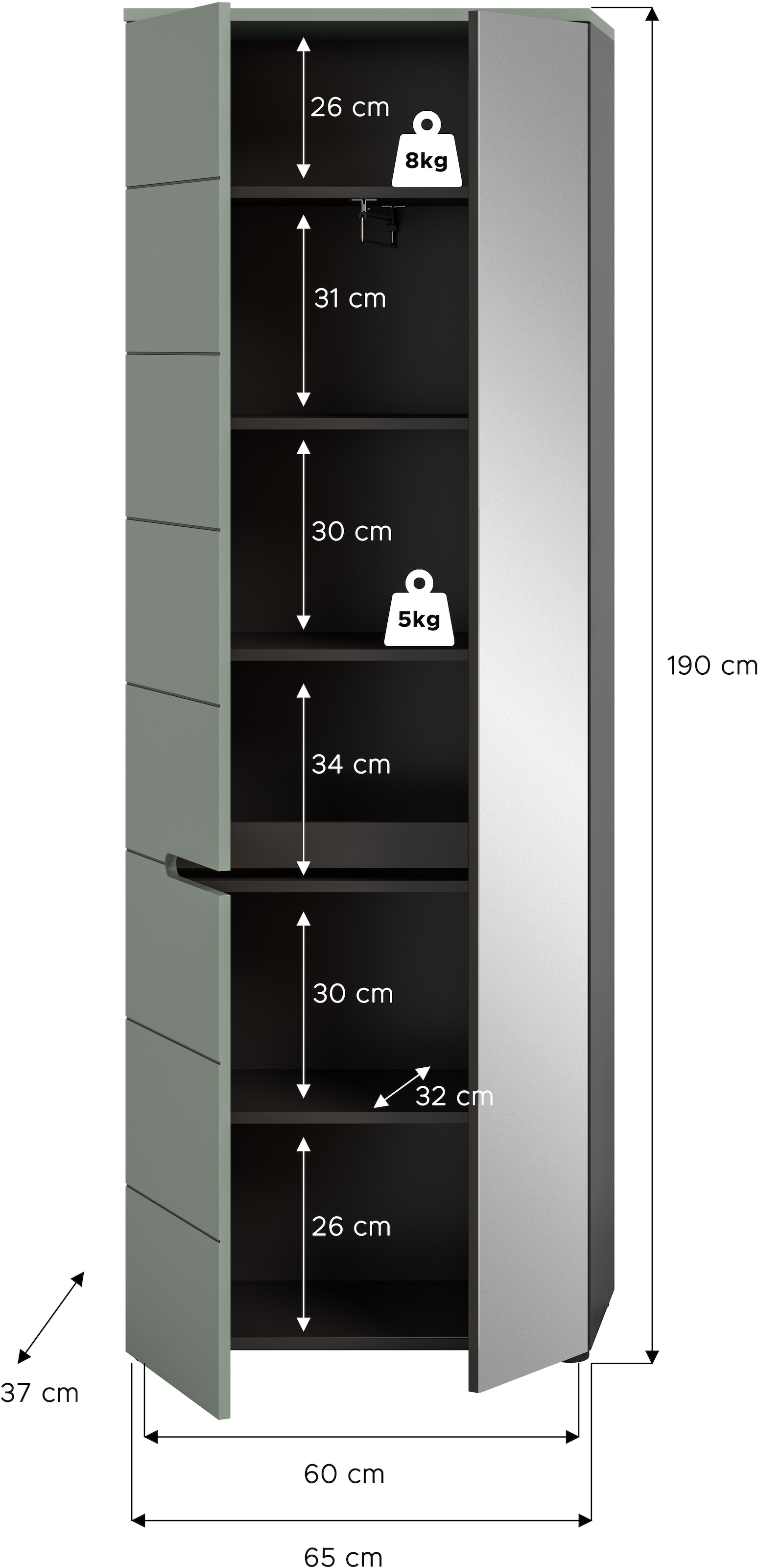 INOSIGN Garderobenschrank »REHAT, TOPSELLER!, Höhe 190cm, 2 Türen, 6 Fächer, 1 Kleiderstange«, (1 St., in verschiedenen Farben erhältlich), Garderobe, Flurschrank, Dielenschrank, Kleiderschrank, Garderobenmöbel