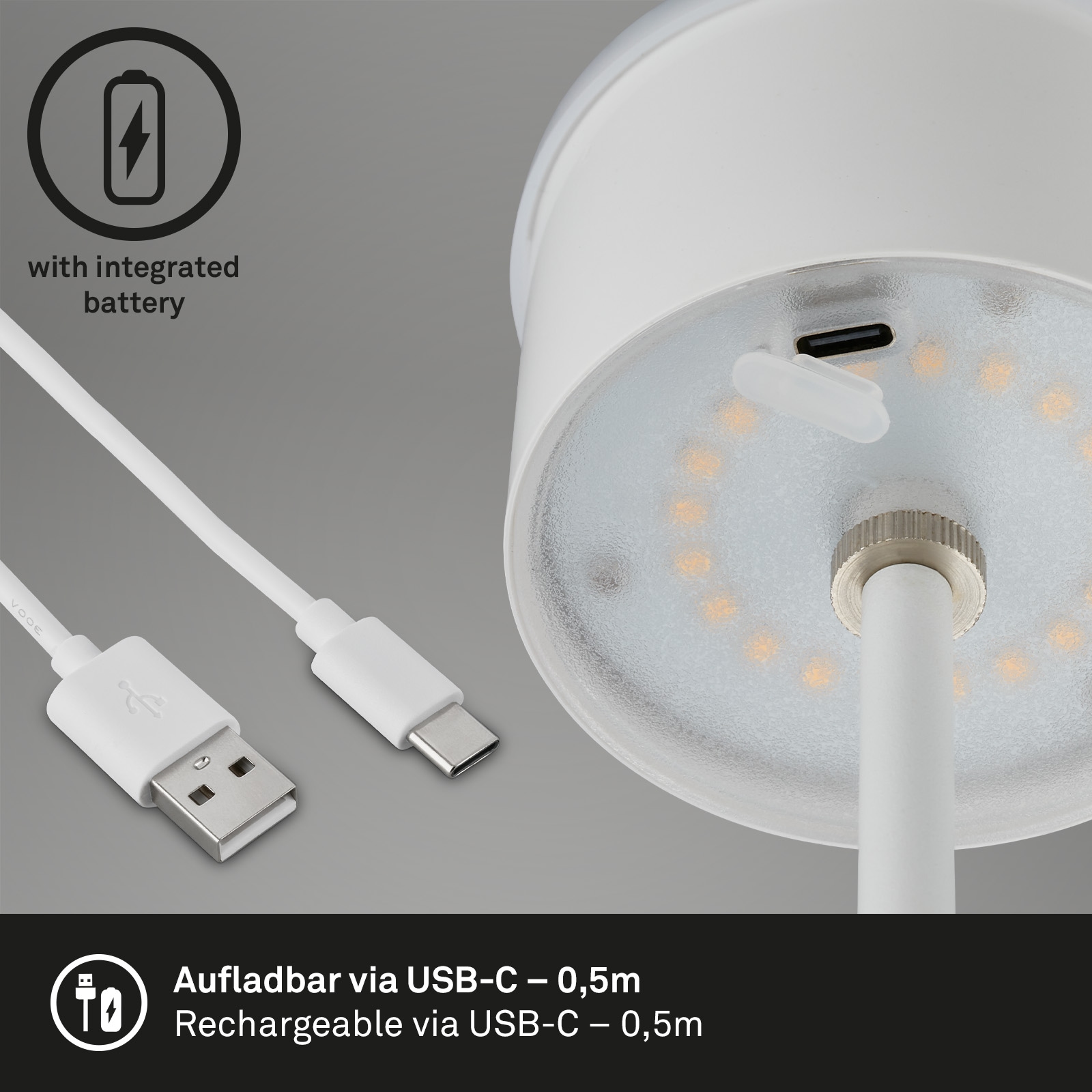 Briloner Leuchten LED Tischleuchte »KIKI« LED-Modul 1 Stk. Warmweiß mit Akku, höhenverstellbar, USB-C, warmweiß, IP44, silber, 38 cm