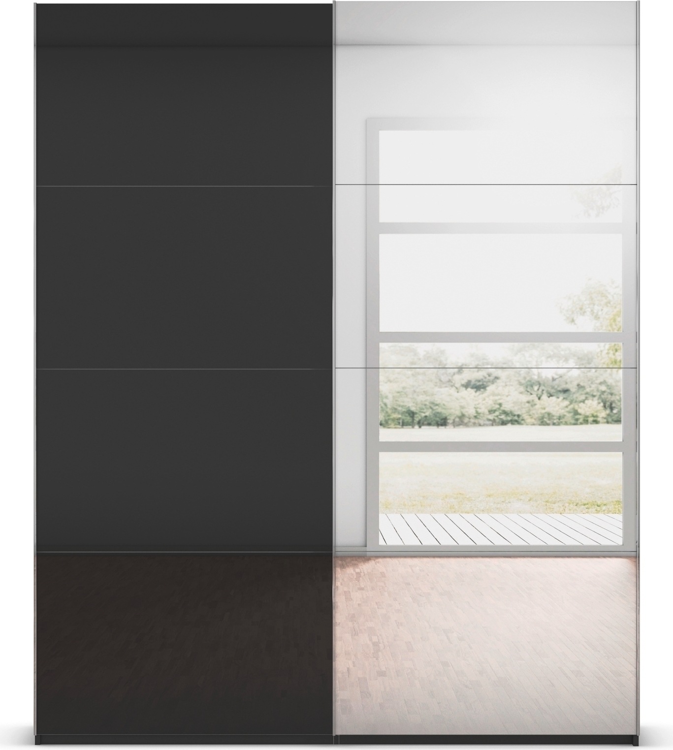 rauch Schwebetürenschrank »Kleiderschrank Schrank Garderobe Schlafzimmerschrank SCALE-FYRA«, edle viergeteilte Türen Spiegel/Glas-Mix viele Farben MADE IN GERMANY