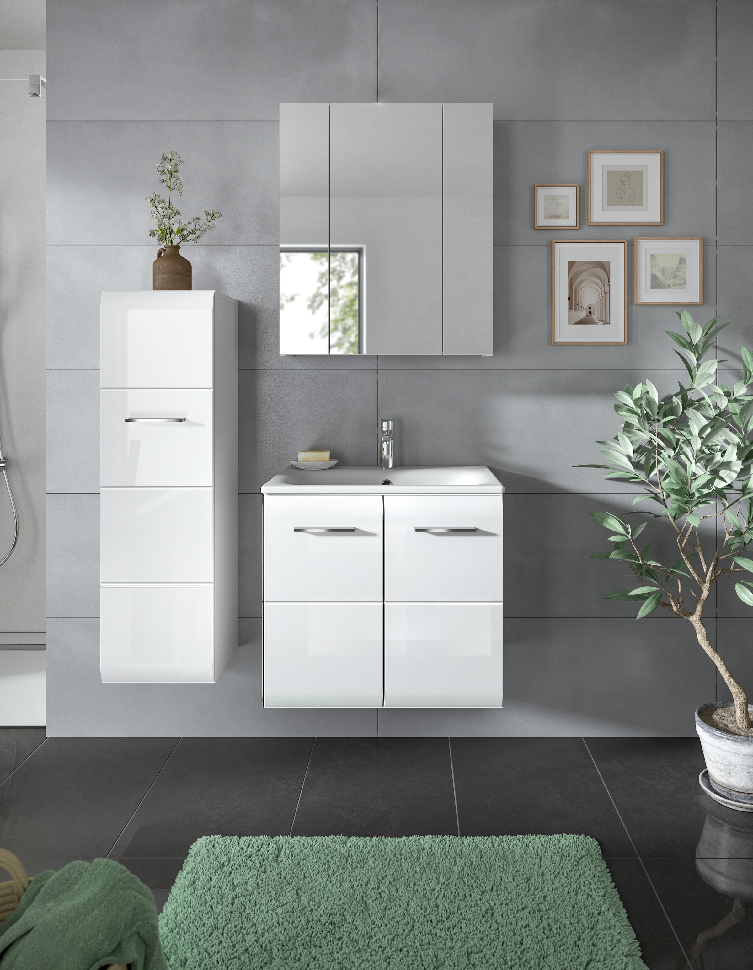 INOSIGN Badezimmer-Set, (Set, 4 St.), Florenz, Badkombination 4-tlg.,Weiß hochglanz, inkl. Waschbecken