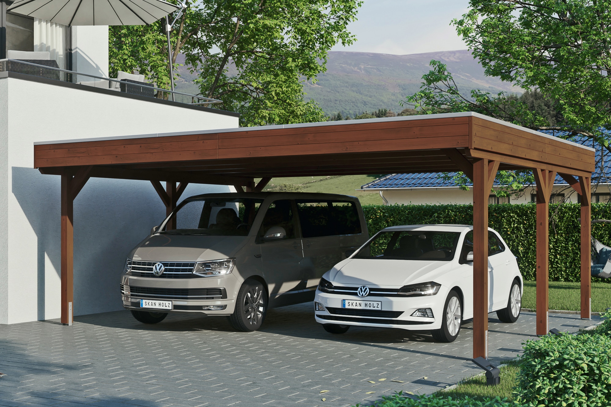 Skanholz Doppelcarport "Grunewald", Leimholz-Nordisches Fichtenholz, braun, mit Aluminiumdach