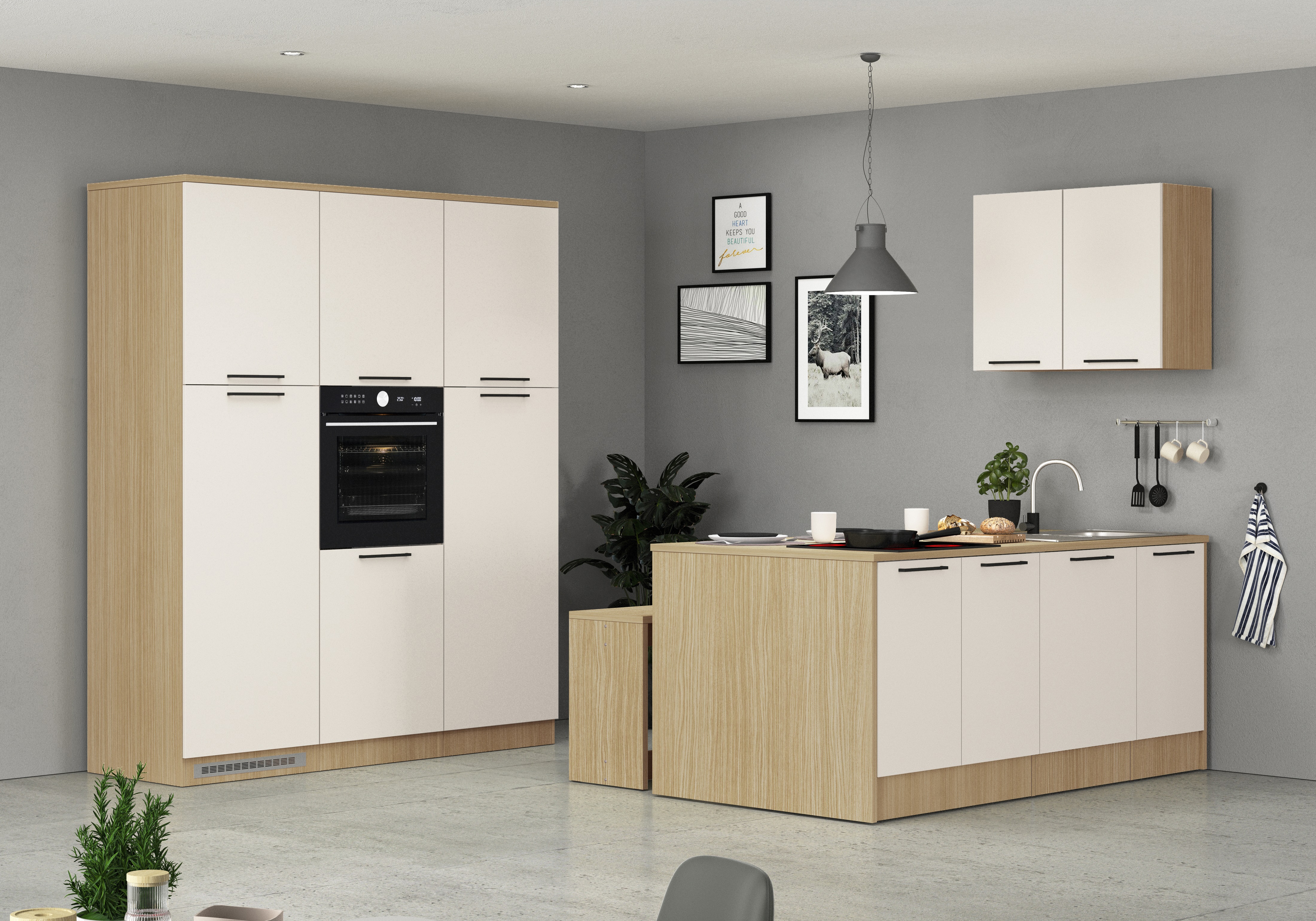 KOCHSTATION Küchenzeile "Luna, Küchenblock, Kücheninsel, Hängeschrank, Made in Italy" 3er-Set, Metallgriffe, Soft-Close-Funktion, inklusive Spüle