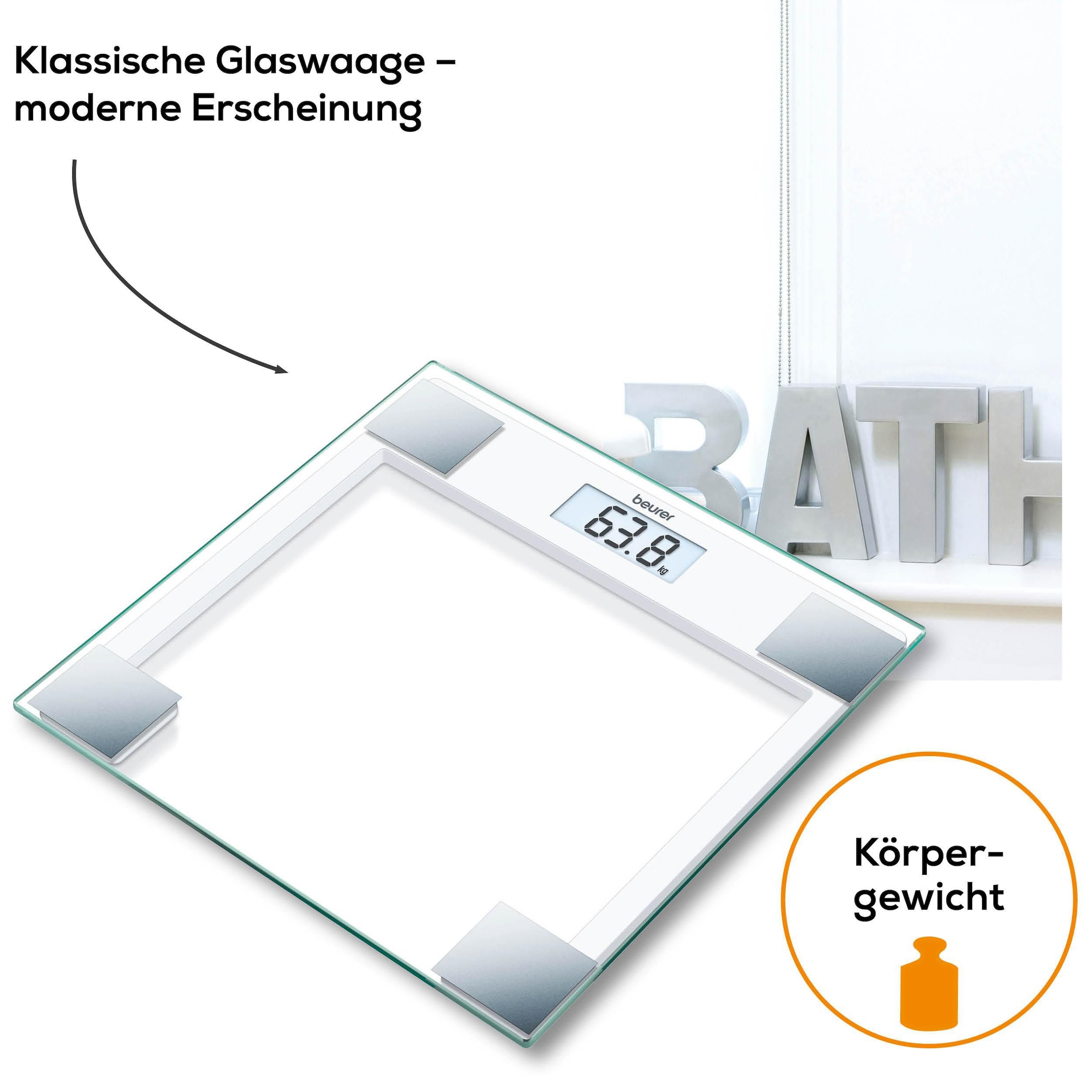 BEURER Personenwaage »GS 14 mit Wiegefläche aus extra klarem Sicherheitsglas«, Flache Bauhöhe, Tragkraft bis 150 kg, Überlastungsanzeige