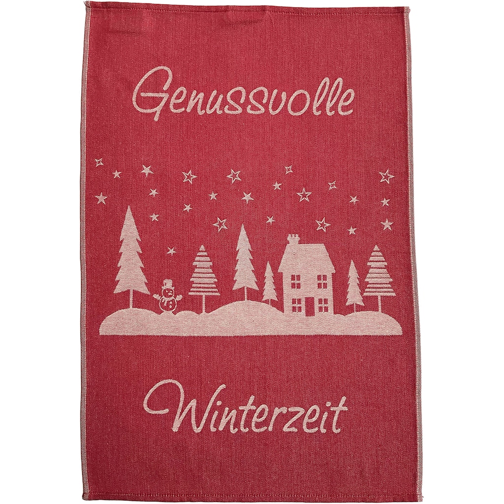 ROSS Geschirrtuch »Weihnachtsküchentuch - Genussvolle Winterzeit, für Weihnachten«, (Set, 2 tlg., 1x Frottiertuch uni - 50x50 cm, 1x Geschirrtuch mit Motiv - 50x70 cm)