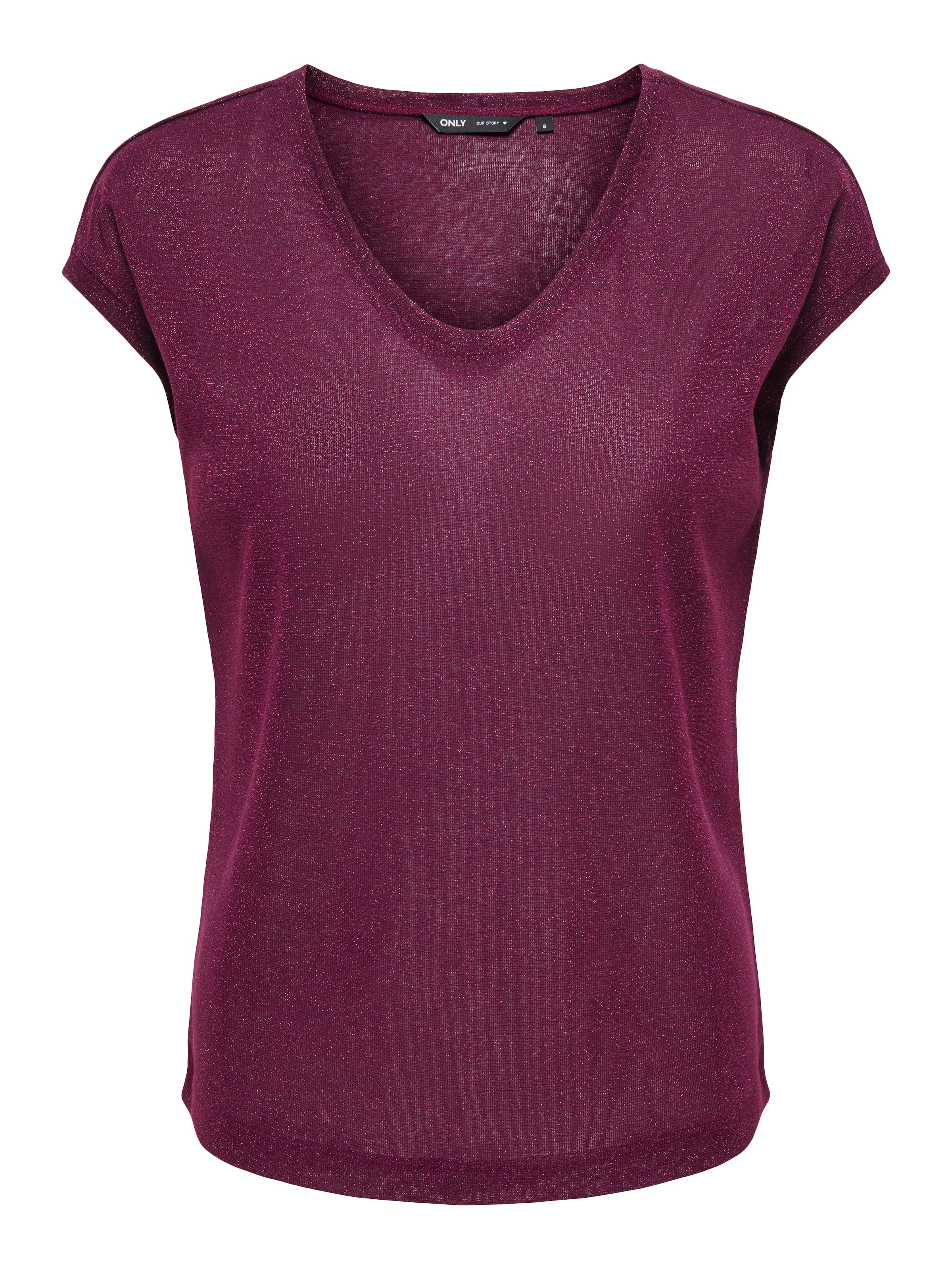 Only Kurzarmshirt "Onlsilvery S/S V Neck Lurex Top Jrs Noos" Materialmix Mit Glitzer, Loose Fit, Rundhals