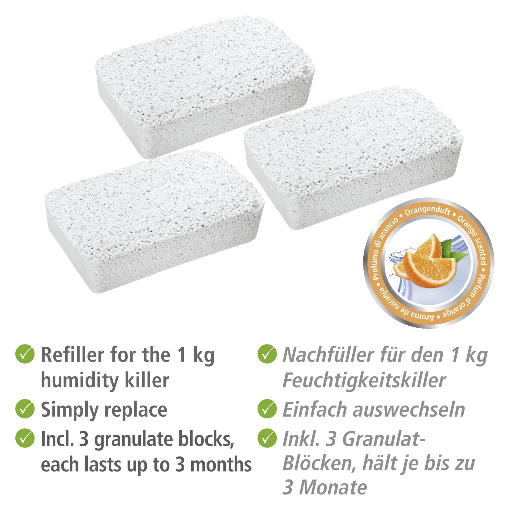 WENKO Raumentfeuchter-Nachfüllpack »Orangenduft« Packung, 3 Stk. tlg. 3-er Set Nachfüllpack für Raumentfeuchter, geräuschlos, ohne Strom
