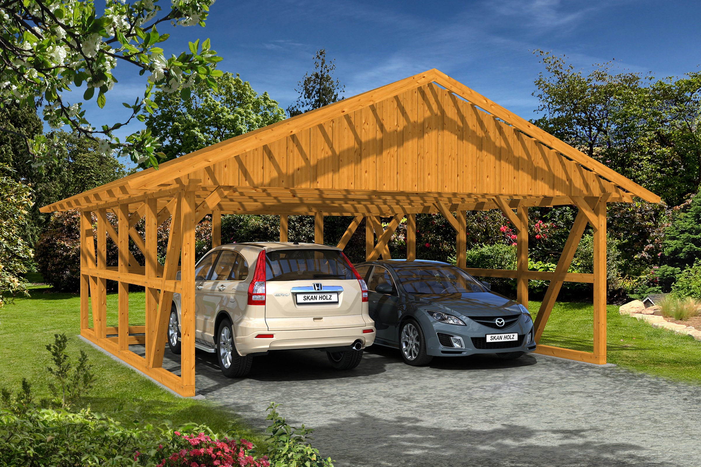 Skanholz Doppelcarport »Schwarzwald«, 560 cm, Eiche hell, mit Dachlattung