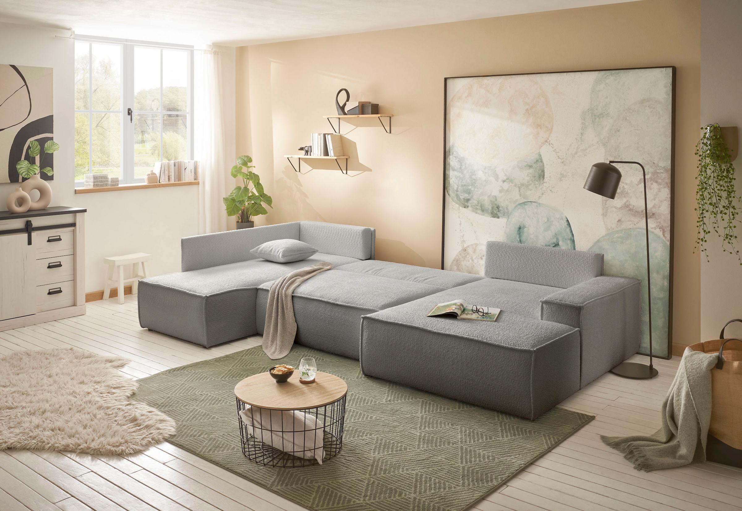 andas Wohnlandschaft »FINNLEY U-Form XXL 329 cm, Schlafsofa, Schlaffunktion m. Bettkasten«, (194/139 cm), Bouclé, Struktur und Cord
