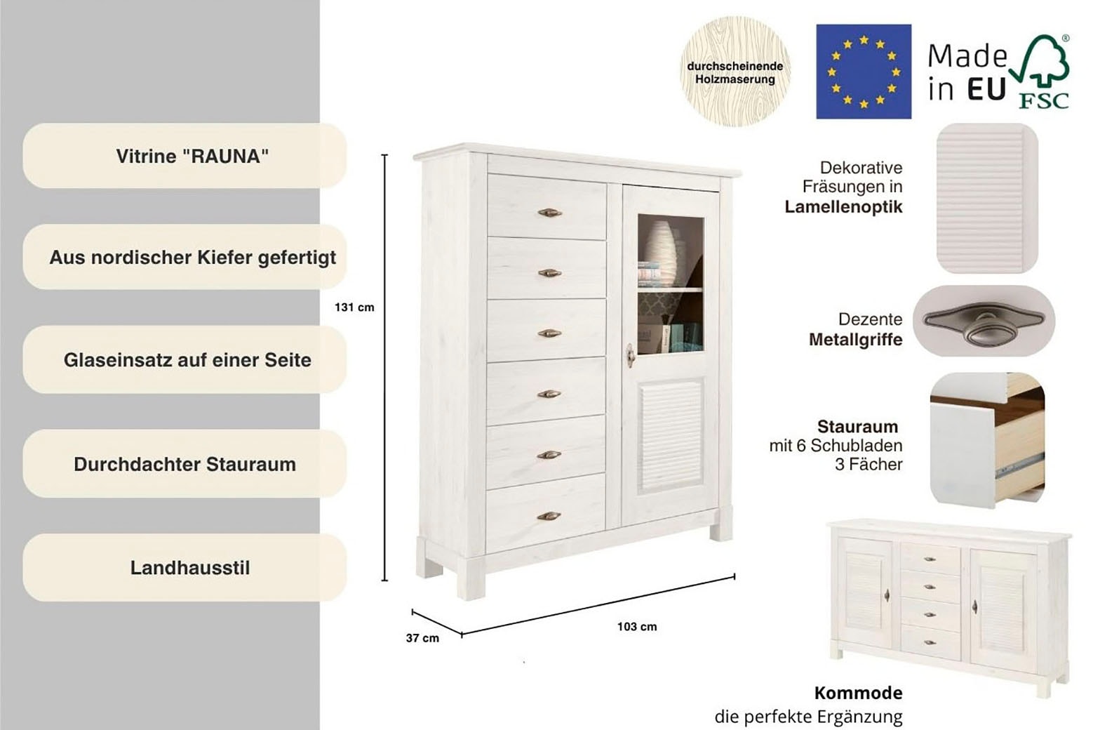Home affaire Highboard »Rauna«, Vitrine, Breite 103 cm, FSC®-zertifiziertes Massivholz