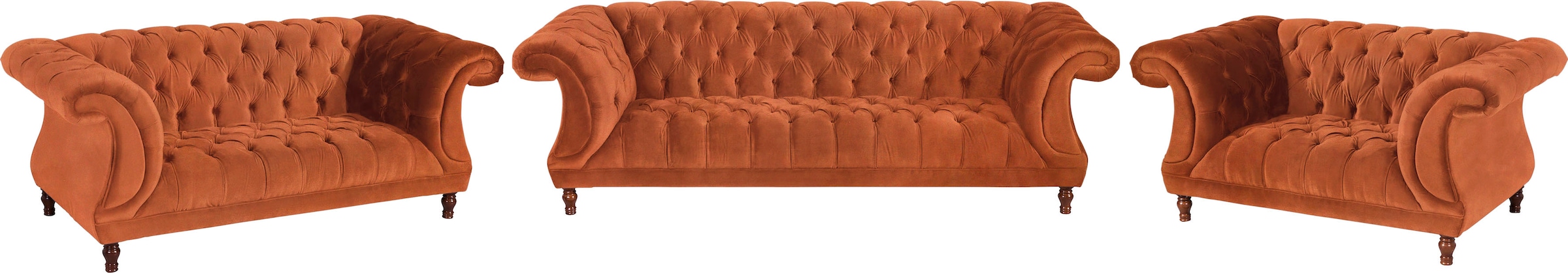 Max Winzer Chesterfield-Sofa "Isabelle", Knopfheftung & gedrechselten Füßen in Buche Nussbaum, Breite 260 cm