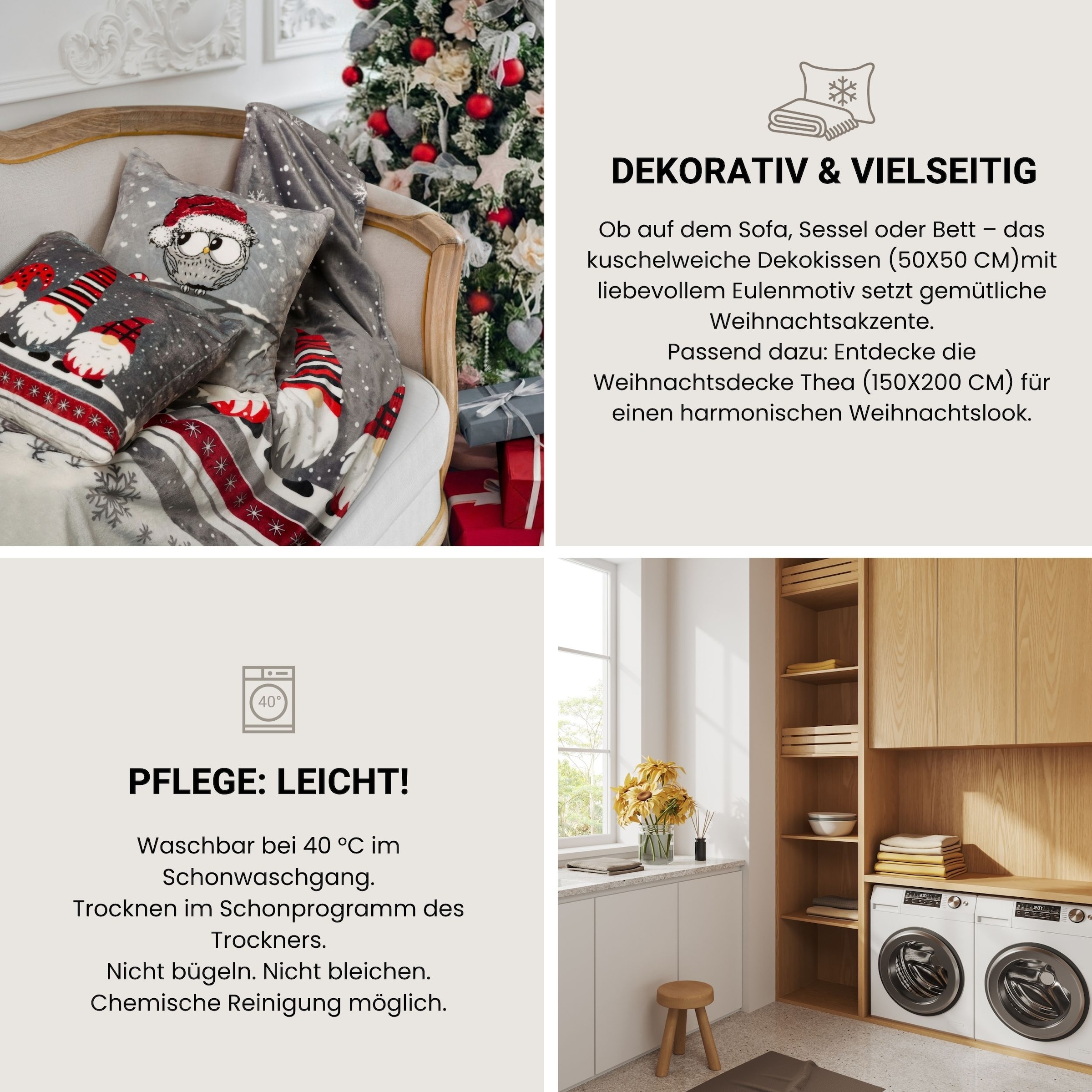 Schiesser Dekokissen »Dekokissen Thea, weiches Zierkissen mit weihnachtlichem Eulenmotiv« OEKO-TEX STANDARD 100