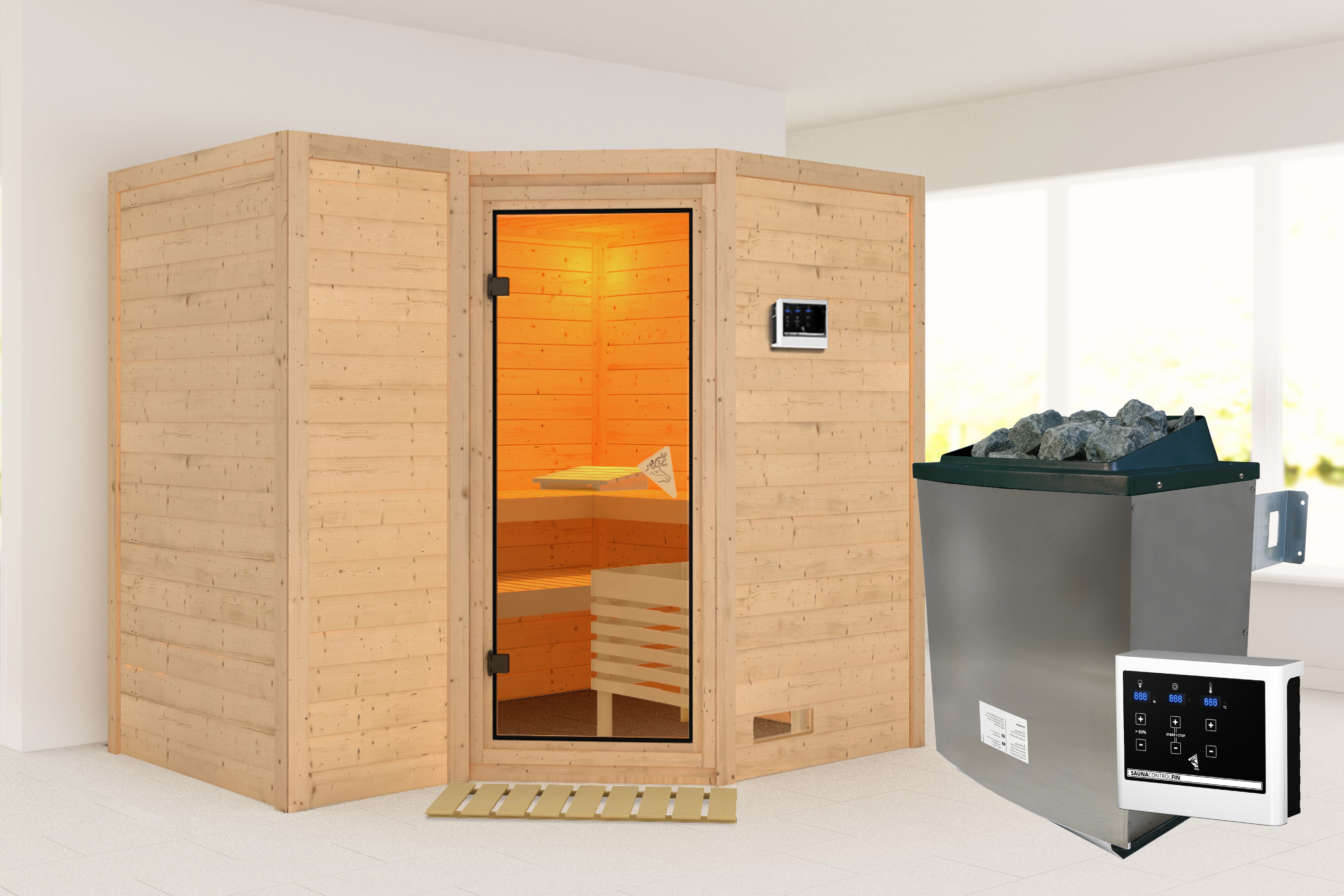 Karibu Sauna "Sanna 2" Set, Ofen 9 KW externe Strg easy