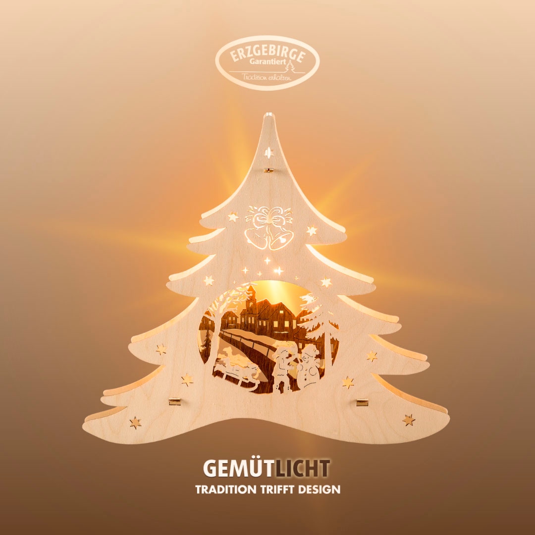 Weigla "beleuchtetes Fensterbild Tannenbaum Winterspaß, Made in Germany" Erzgebirge garantiert, Weihnachtsdeko Innen, Weihnachtsbeleuchtung