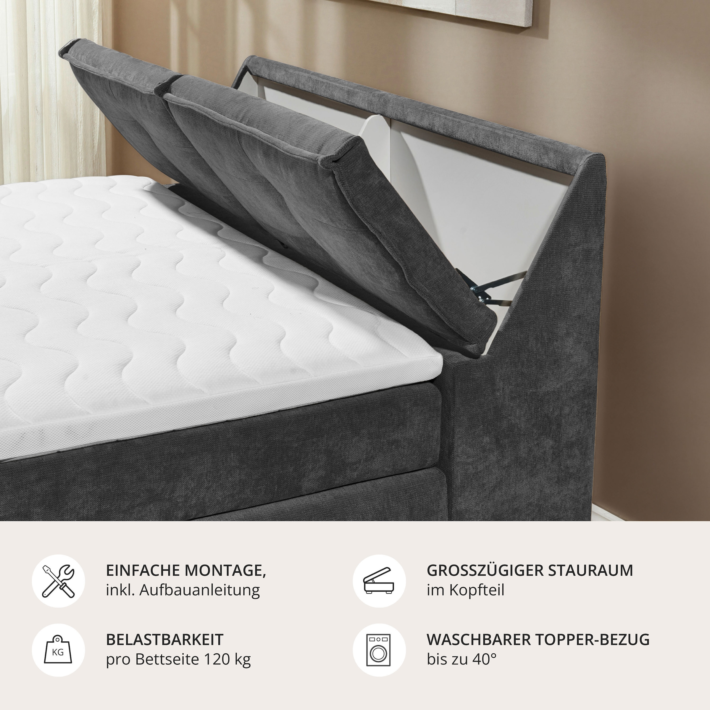 ED EXCITING DESIGN Boxspringbett »Tofino 180x200 mit Duo Matratze« 6 cm Gelkomfort-Topper, H3/H4, Bettkasten & Kopfteil-Stauraum