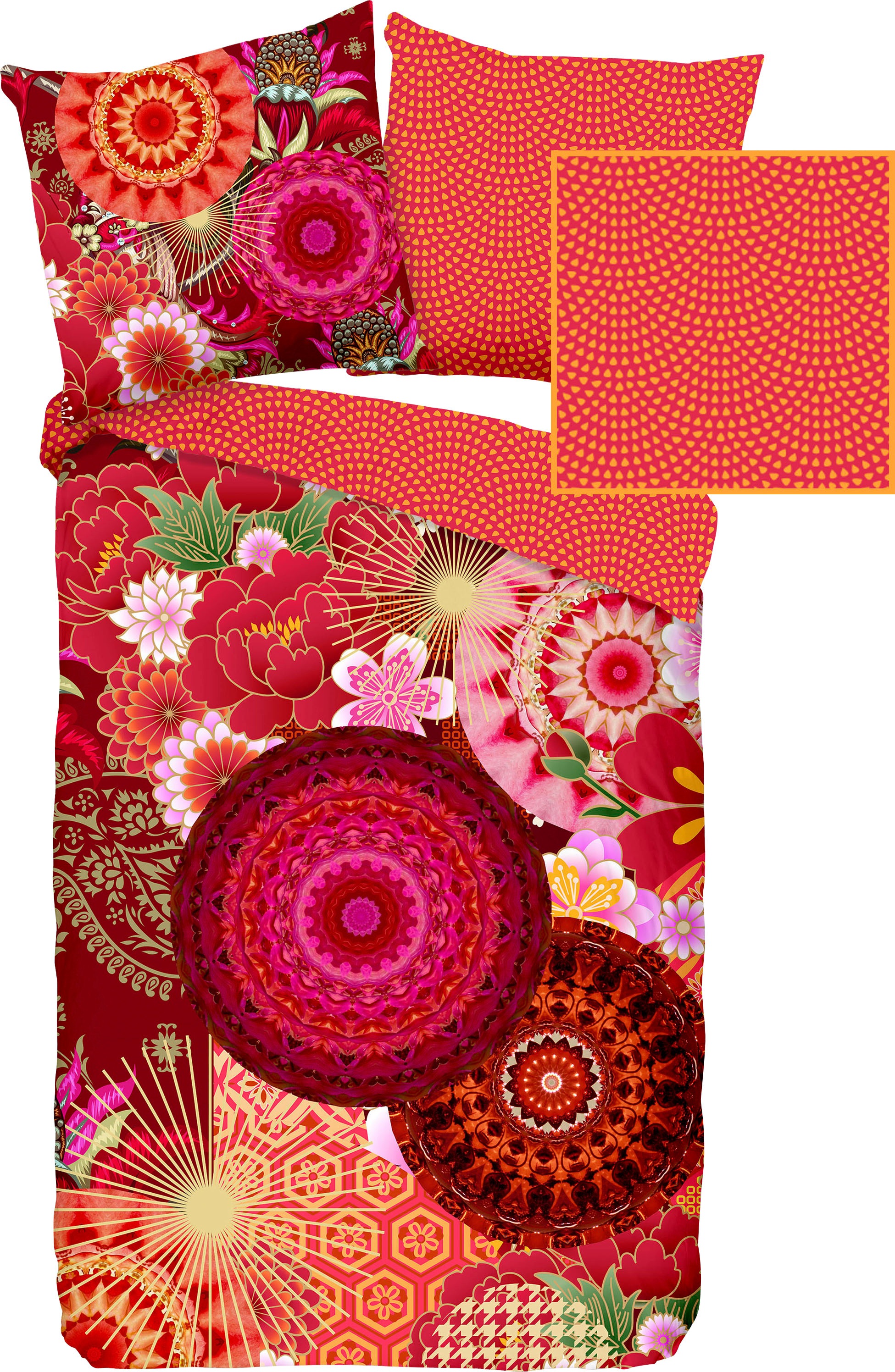 hip Wendebettwäsche »Yuki«, Mako-Satin, 155x220, Reißverschluss, Wendeoptik, Mandala, Bunt, Rot