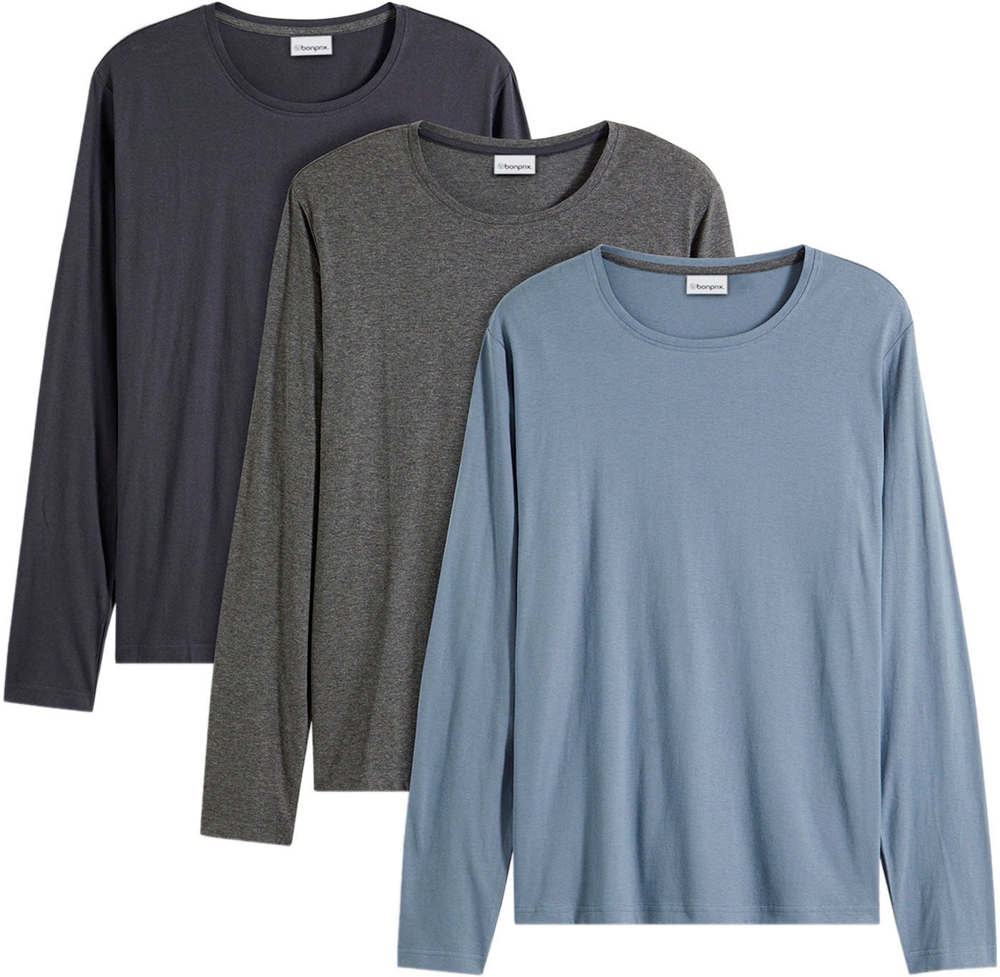 bonprix "Langarmshirt (3er Pack)" Packung, 3 Stk. regular fit Passform, Rundhals-Ausschnitt, casual Stil, im 3er Pack