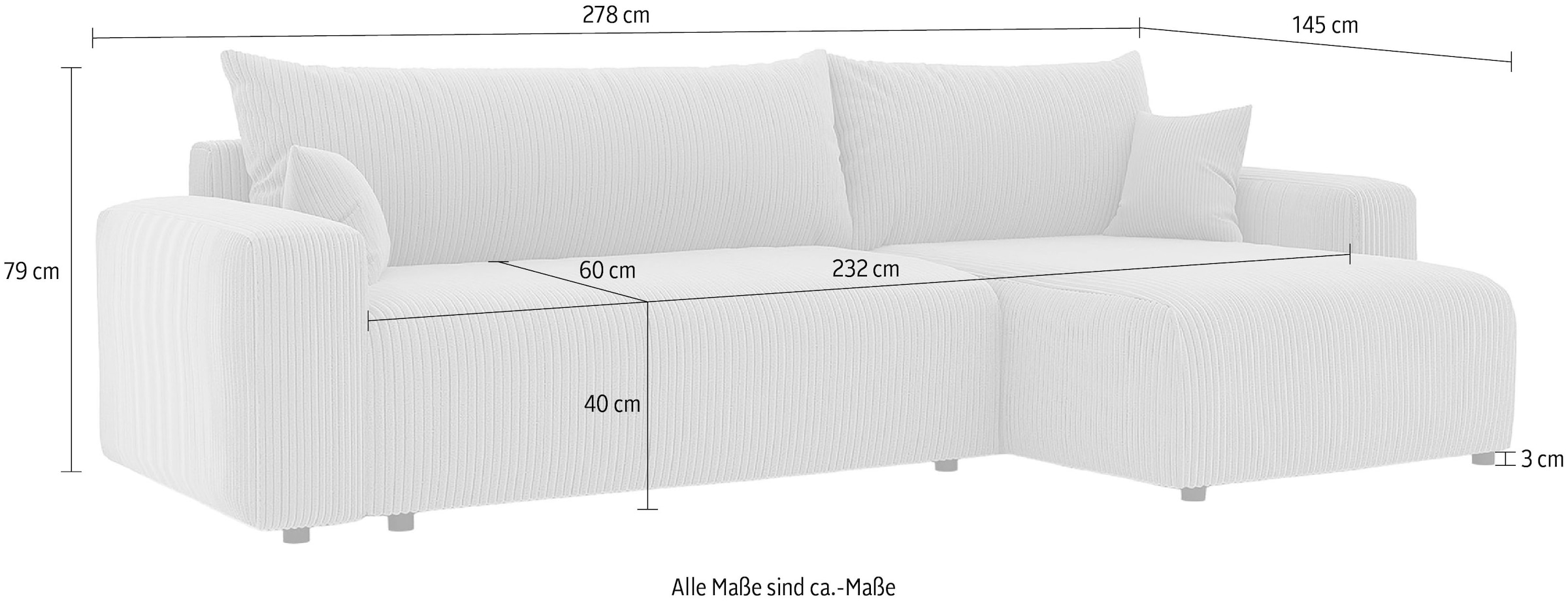 WERK2 Ecksofa »Piano XL Cord Sofa L-Form, Schlaffunktion & Bettkasten, 278 cm breit« Ottomane beidseitig montierbar, lose Rückenkissen & 2 Zierkissen