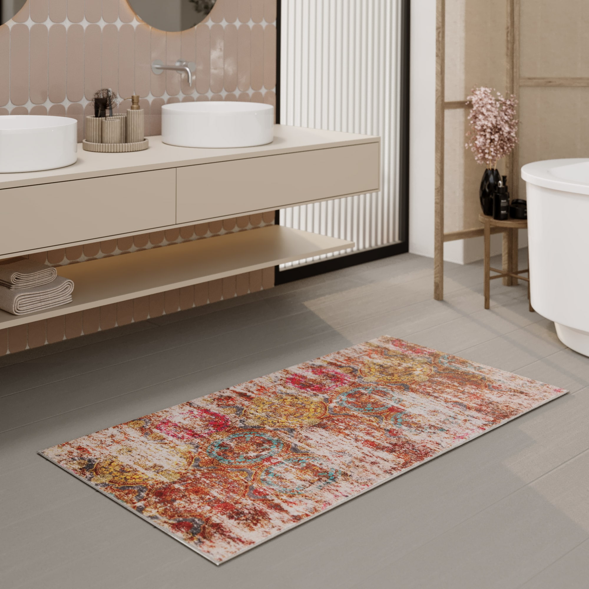 Badematte WECON HOME, H:0,5mm, bunt, Polyester, Badematten, "Beach Front", Vintage, waschbar, rutschfest, schnell trocknend, robust, Badteppich