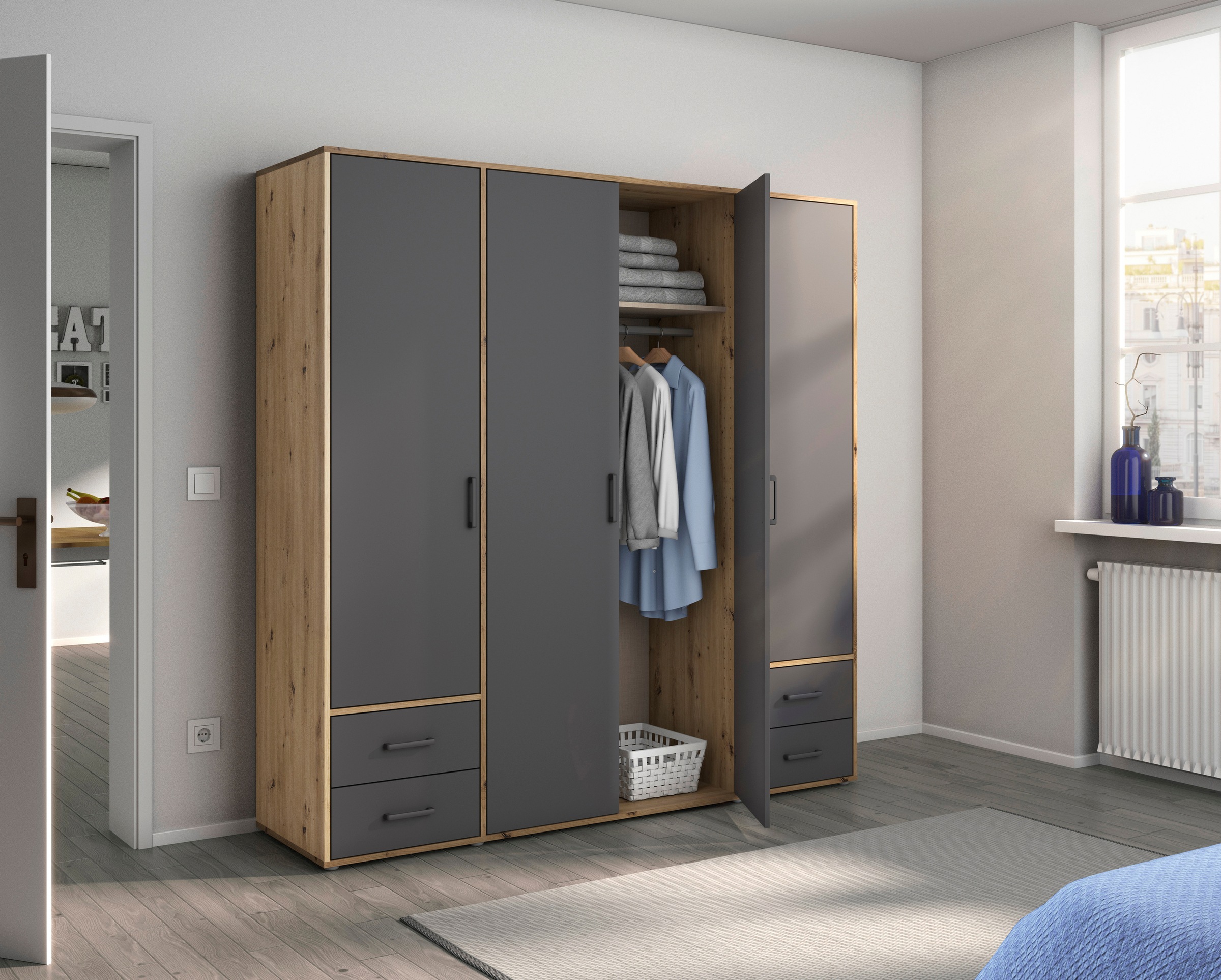 rauch Drehtürenschrank »Voyager, Kleiderschrank mit Außenschubkästen, Garderobe«, (in 3 verschiedenen Ausstattungen BASIC/CLASSIC/PREMIUM), Made in Germany