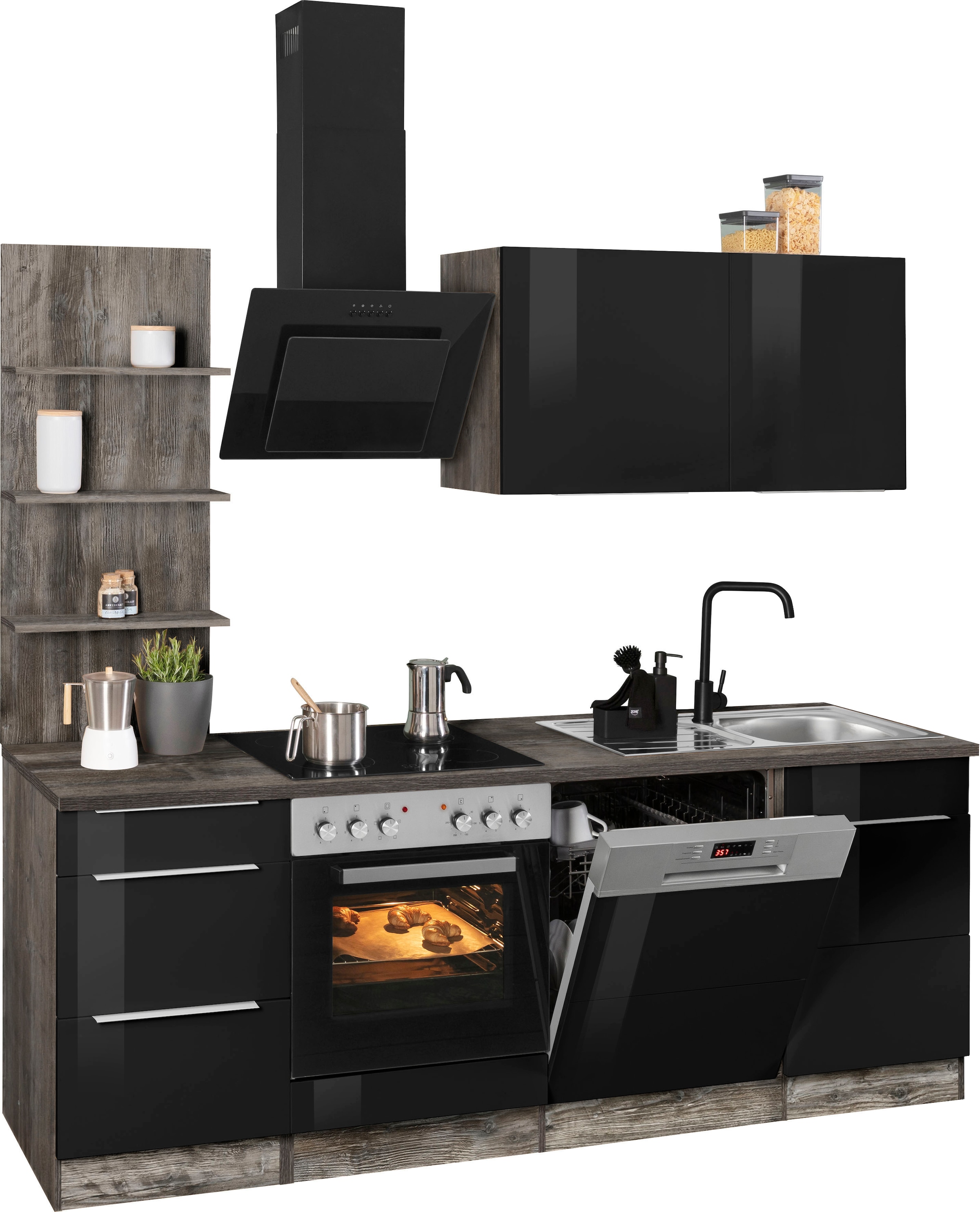 KOCHSTATION Küchenzeile »KS-Brindisi«, Breite 220 cm, wahlweise mit E-Geräten, mit MDF-Fronten und Regal