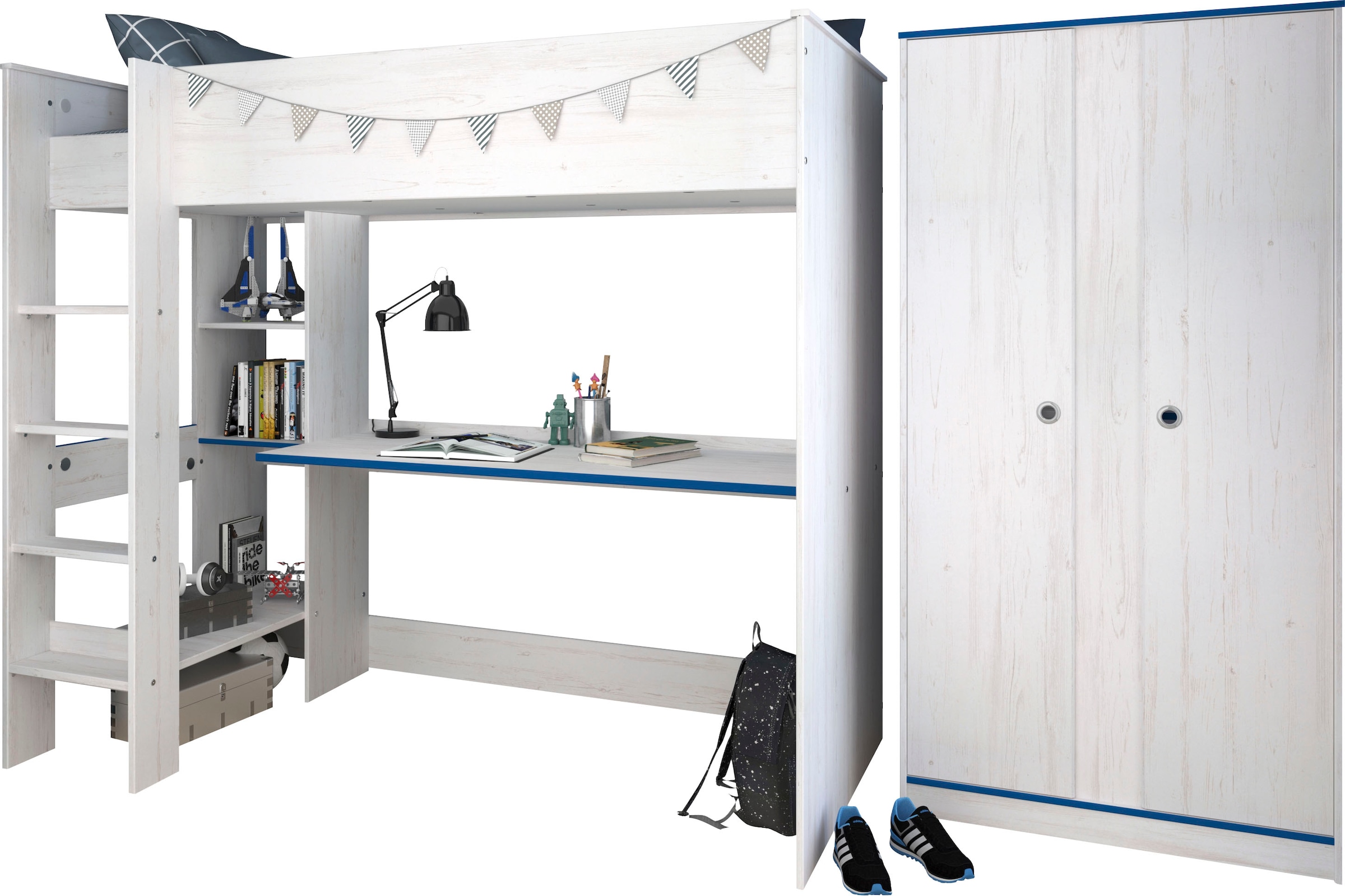 Parisot Jugendzimmer-Set »Smoozy«, (Set, 2 tlg., Hochbett mit integr. Schreibtisch und Kleiderschrank)