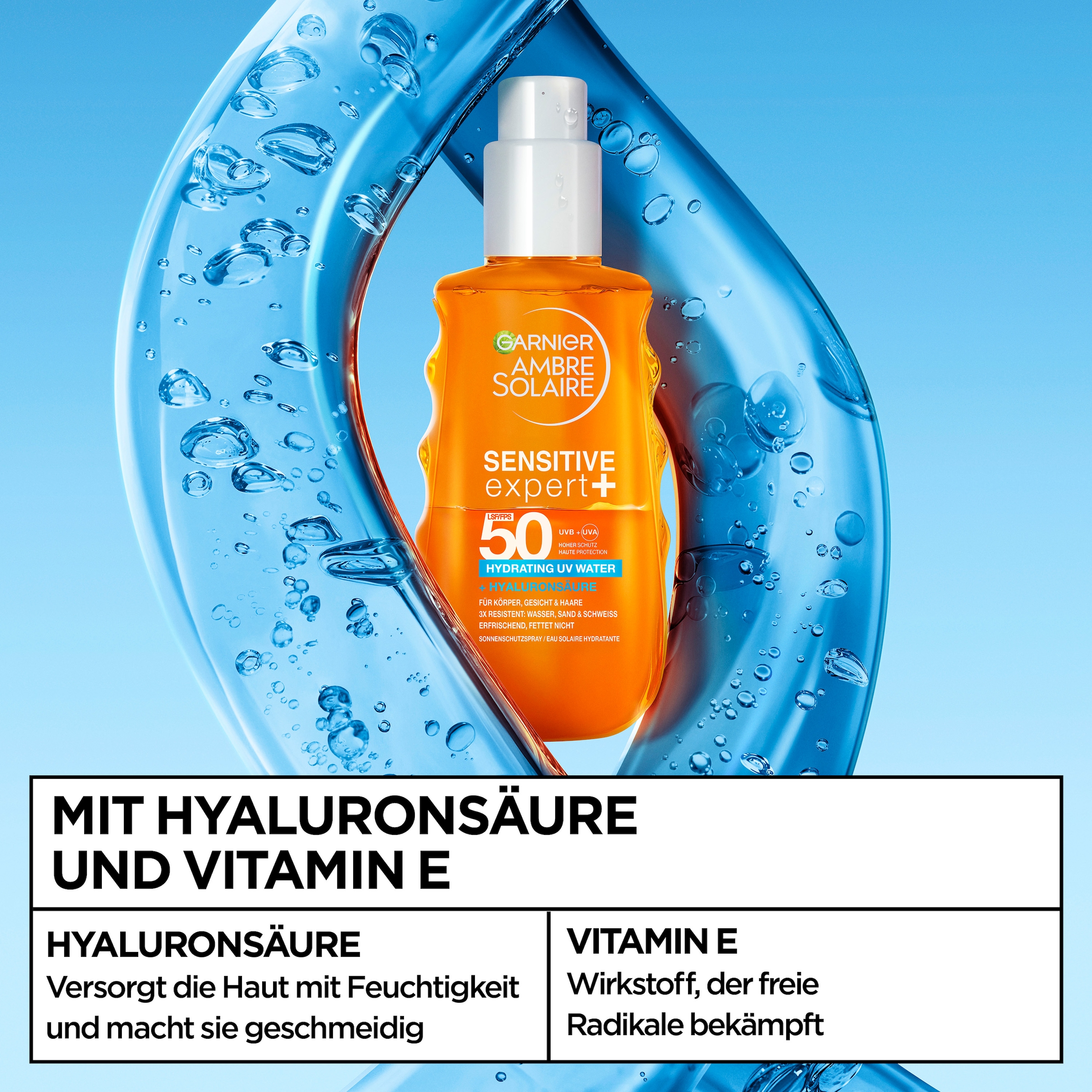 GARNIER Sonnenschutzspray »Garnier Ambre Solaire Sensitive Expert + Hydrating UV Water LSF 50«
