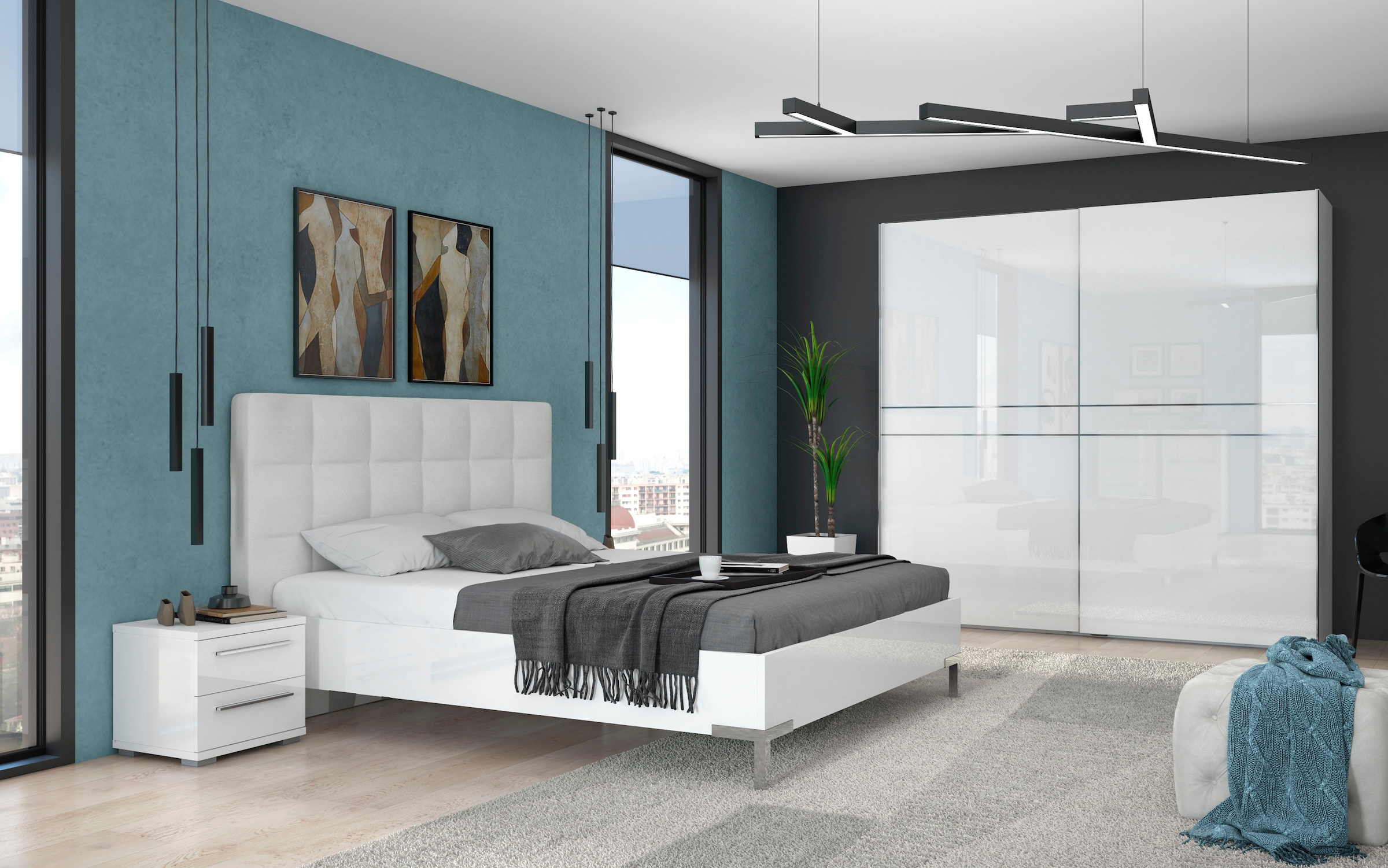 Places of Style Schwebetürenschrank »Piano, FSC-zertifiziert, mit Einlegeböden und Kleiderstangen«, (in 3 Breiten, 224cm hoch), UV lackiert, hochglänzend, mit Soft-Close Funktion, in beige oder weiß