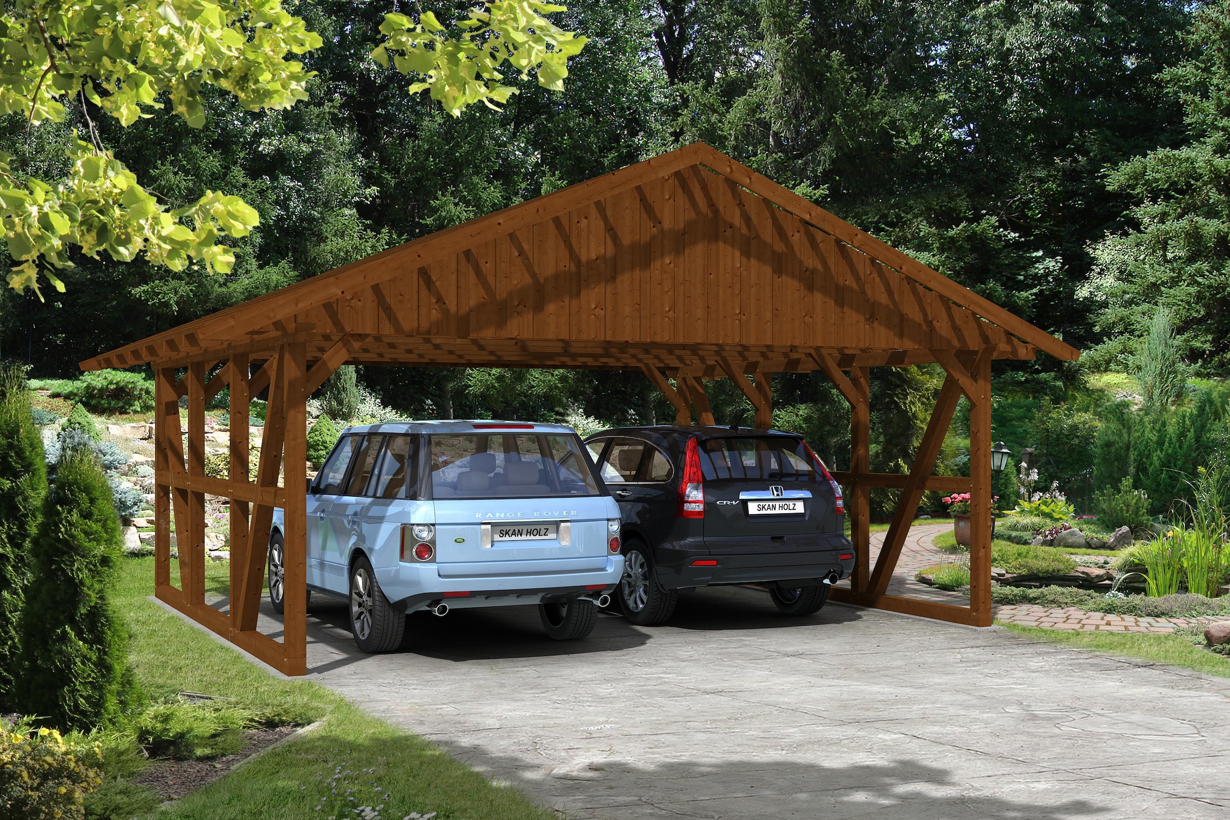 Skanholz Doppelcarport "Schwarzwald" Massivholz 560 cm Nussbaum 684x600cm, mit Dachlattung