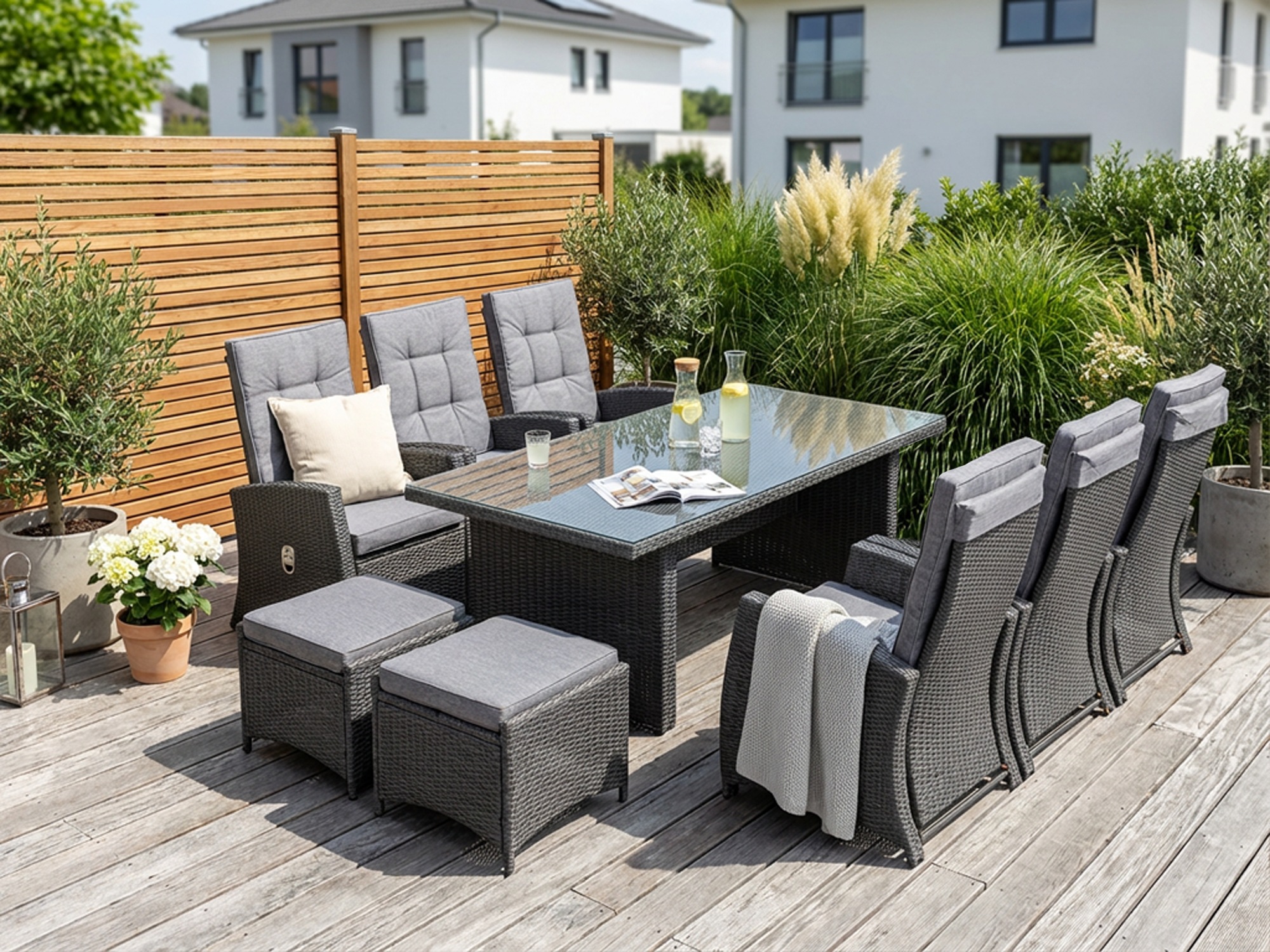 KONIFERA Garten-Essgruppe »»New Paris«« Set, 6 Sessel, Rückenlehne verstellbar, Tisch 100x200x75 cm, 2 Hocker, 23 Stk. tlg. inkl. Auflagen, Aluminium/Polyrattan