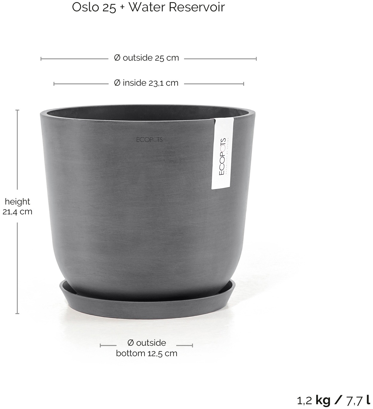 ECOPOTS Blumentopf »Oslo 25 + Wassersystem Grau«, für innen und außen: frostsicher, bruchsicher und lichtbeständig