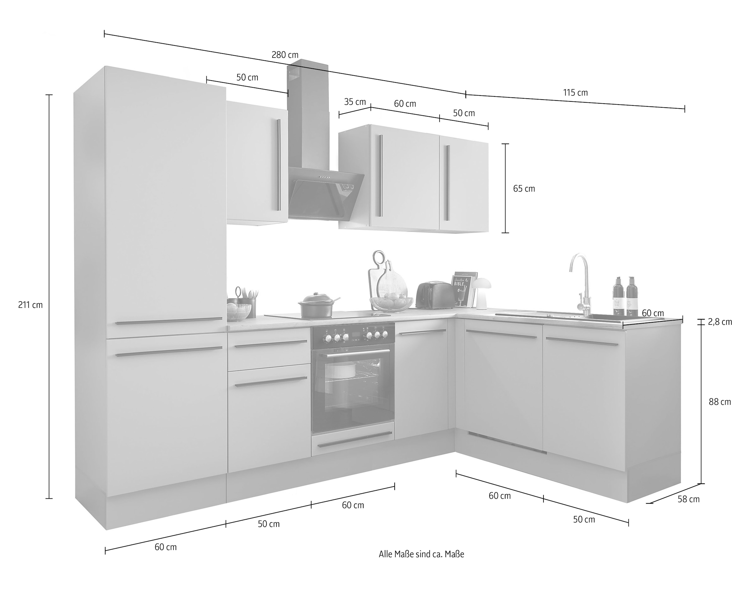 BASIC by Balculina Winkelküche »Denver, Küche BxHxT 280/115 x 211 x 60«, Breite 280 cm, wahlweise mit E-Geräten und Induktion
