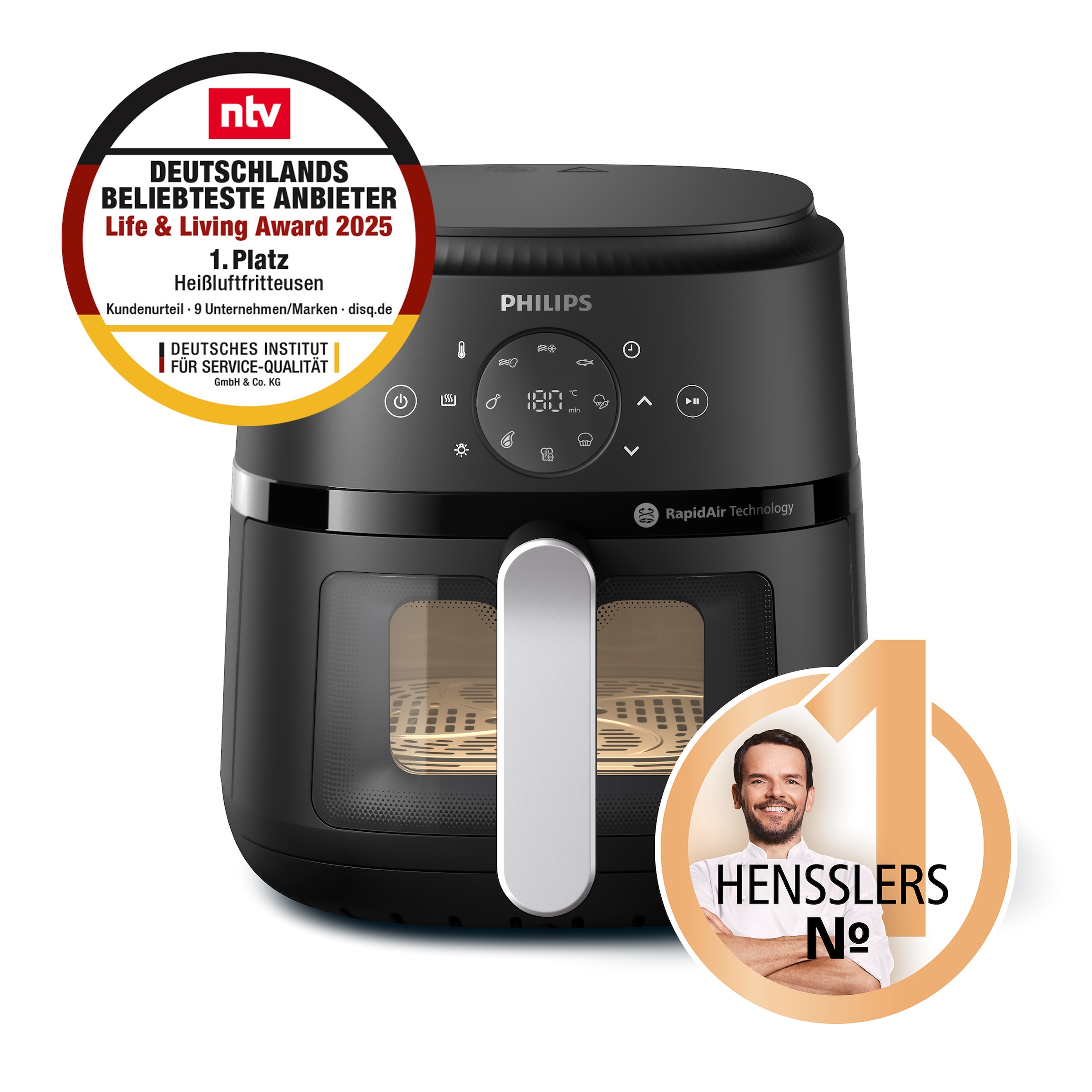 Philips Heißluftfritteuse »Airfryer 2000 NA221/00, mit 4.2L, Sichtfenster«, 1500 W, RapidAir Technologie und 13 Kochfunktionen; Schwarz/Silber