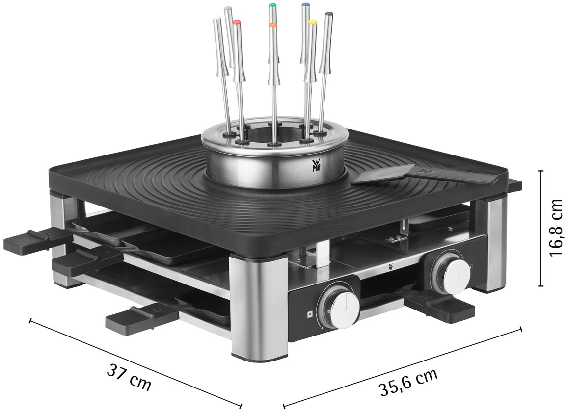 WMF Raclette »Lumero Gourmet Station 3-in-1, Raclette, Fondue und Indoor-Grill«, 8 St. Raclettepfännchen, 1800 W, spülmaschinengeeignete Pfännchen/Platte, Spritzschutz, LED-Beleuchtung