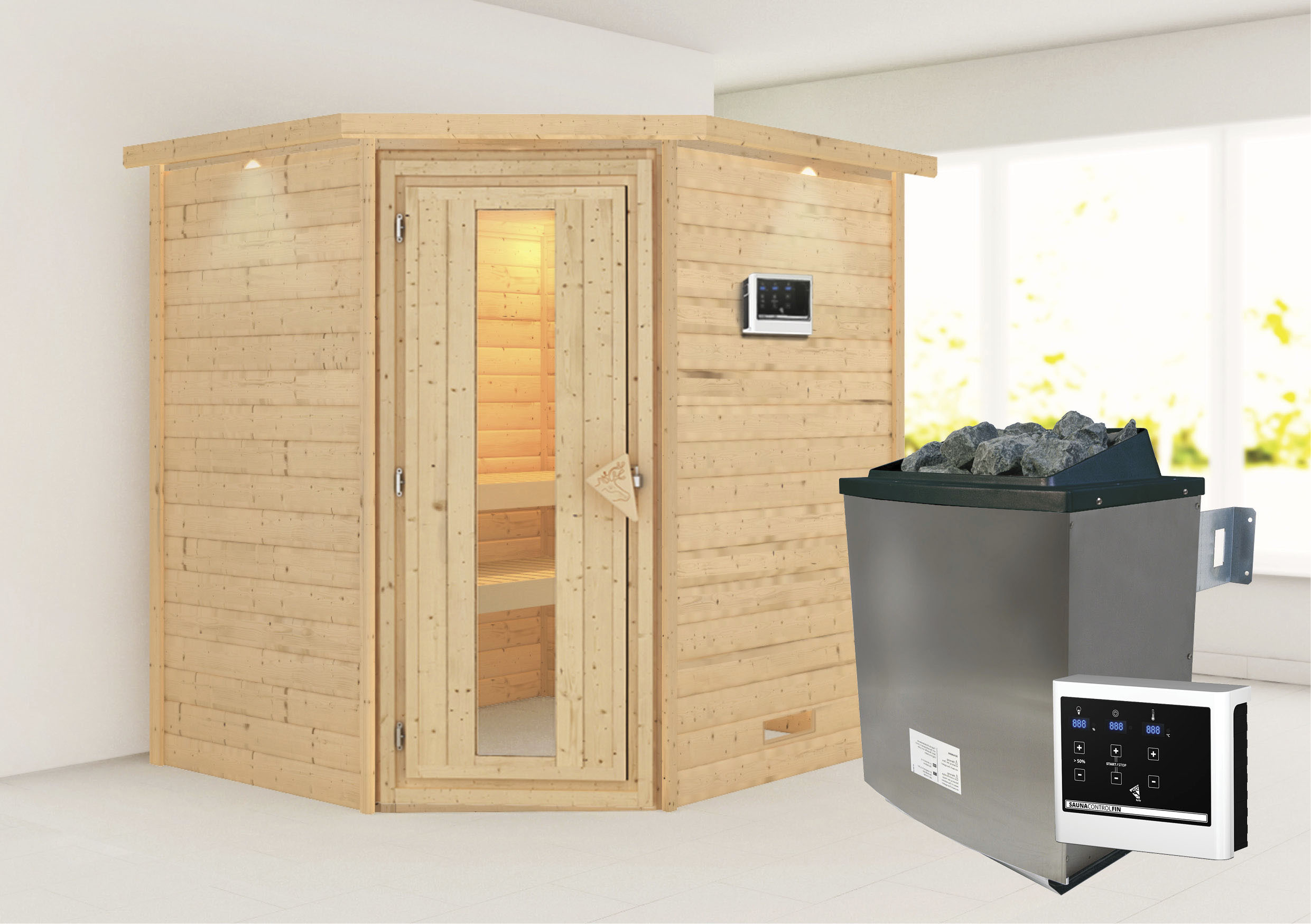 KARIBU Sauna "Mia (Fronteinstieg)", (ohne Ofen), beige, Saunen, Ofen 9 KW externe Strg easy