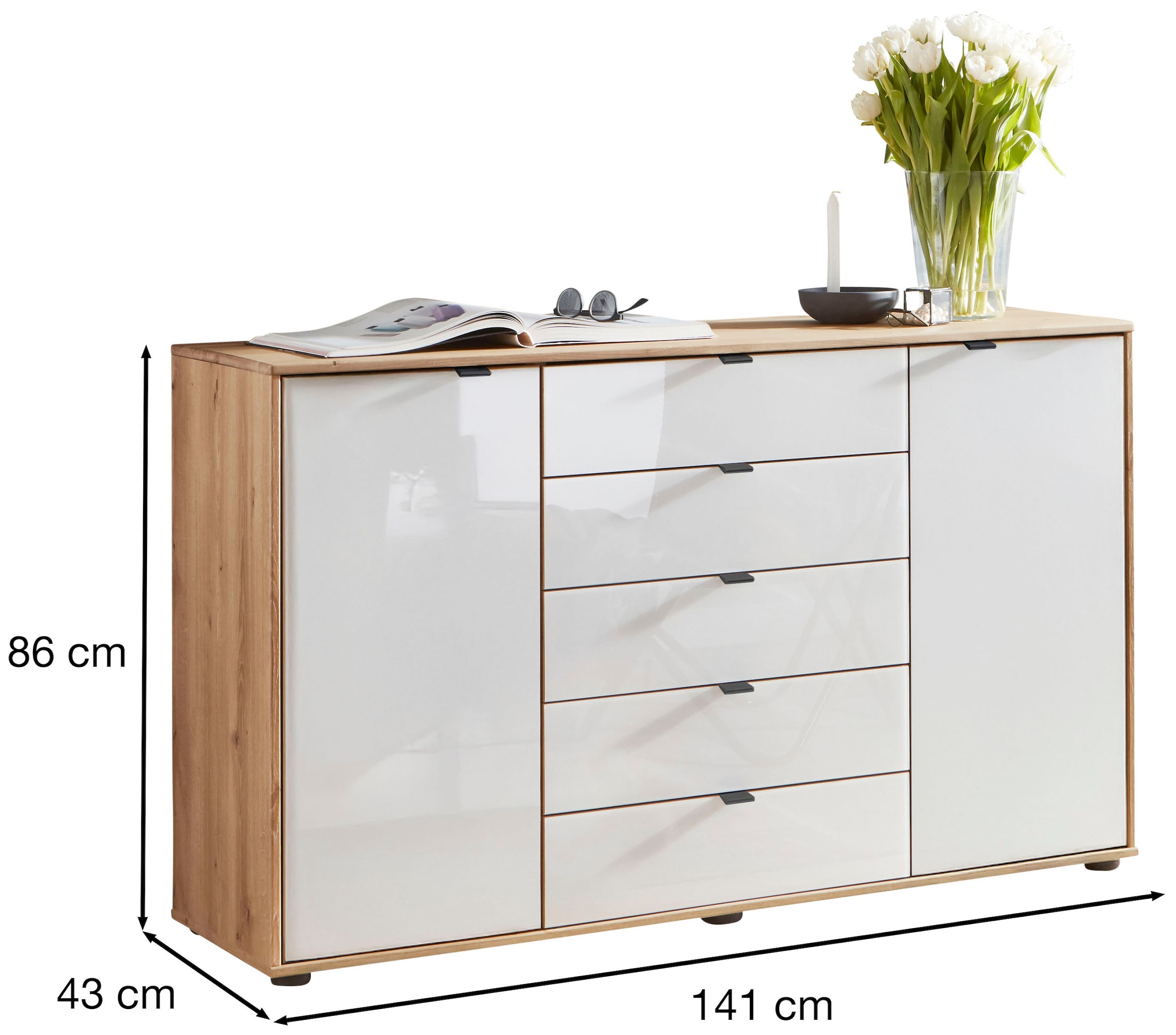 WIEMANN Kombikommode »Cardiff Sideboard, Wäscheschrank, teilmassiv Bianco-Eiche, Schubladen« Kommode 141x86x43 cm, braun, mit Dämpfung, MADE IN GERMANY,  verschiedenen Ausführungen, inklusive Einlegeböden