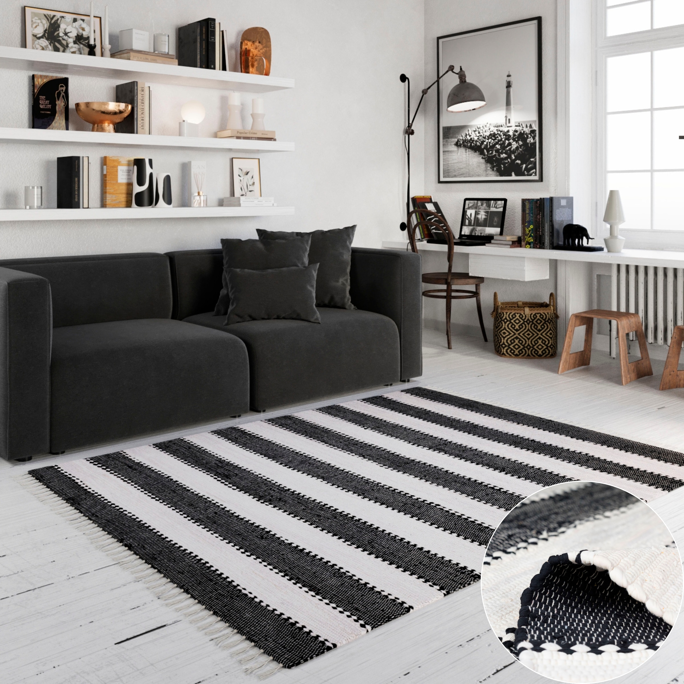 Teppich OTTO HOME "Benja", schwarz (schwarz, weiß), B:160cm H:10mm L:230cm, Baumwolle, Polyester, Teppiche, Teppich, Handweb Teppich, gestreift, 90% Baumwolle, handgewebt, mit Fransen