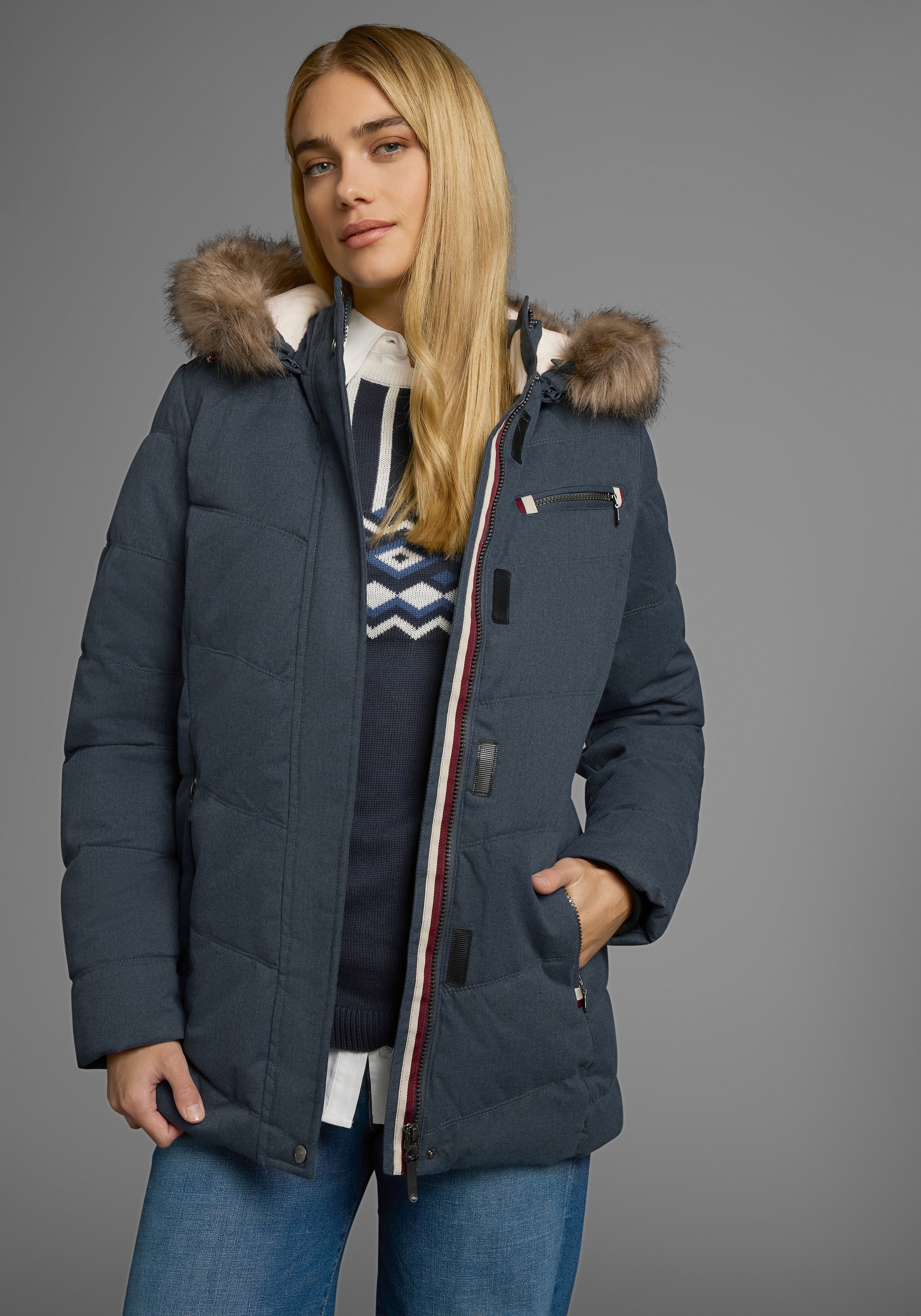 Polarino Steppjacke, mit Kapuze, mit abnehmbarer Kapuze, mit Fellimitat, viele Taschen