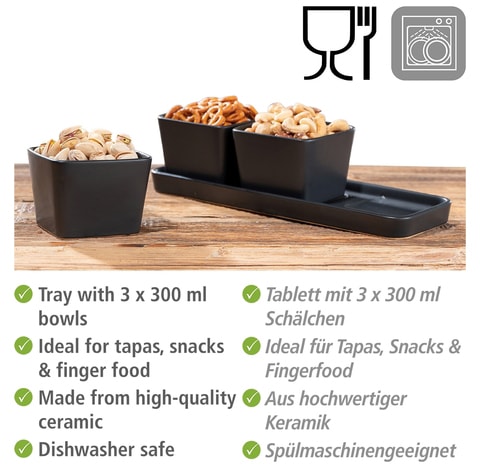 WENKO Dipschale »Snack & Dip«, 3 tlg., aus Keramik, Snackschalen für Knabbereien, Dips & Antipasti, je 300 ml, mit Tablett