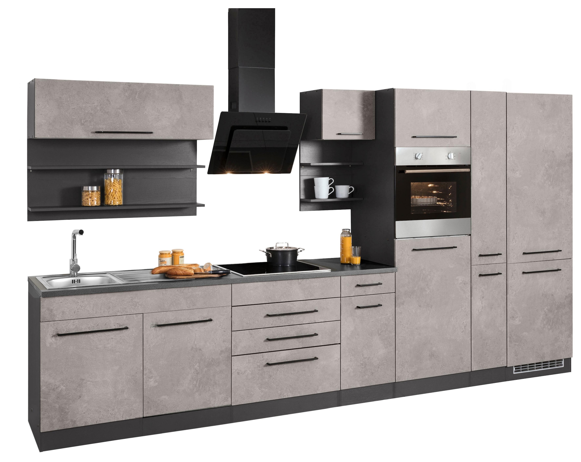 KOCHSTATION Küchenzeile »KS-Tulsa«, ohne E-Geräte, Breite 360 cm, schwarze Metallgriffe, MDF Fronten